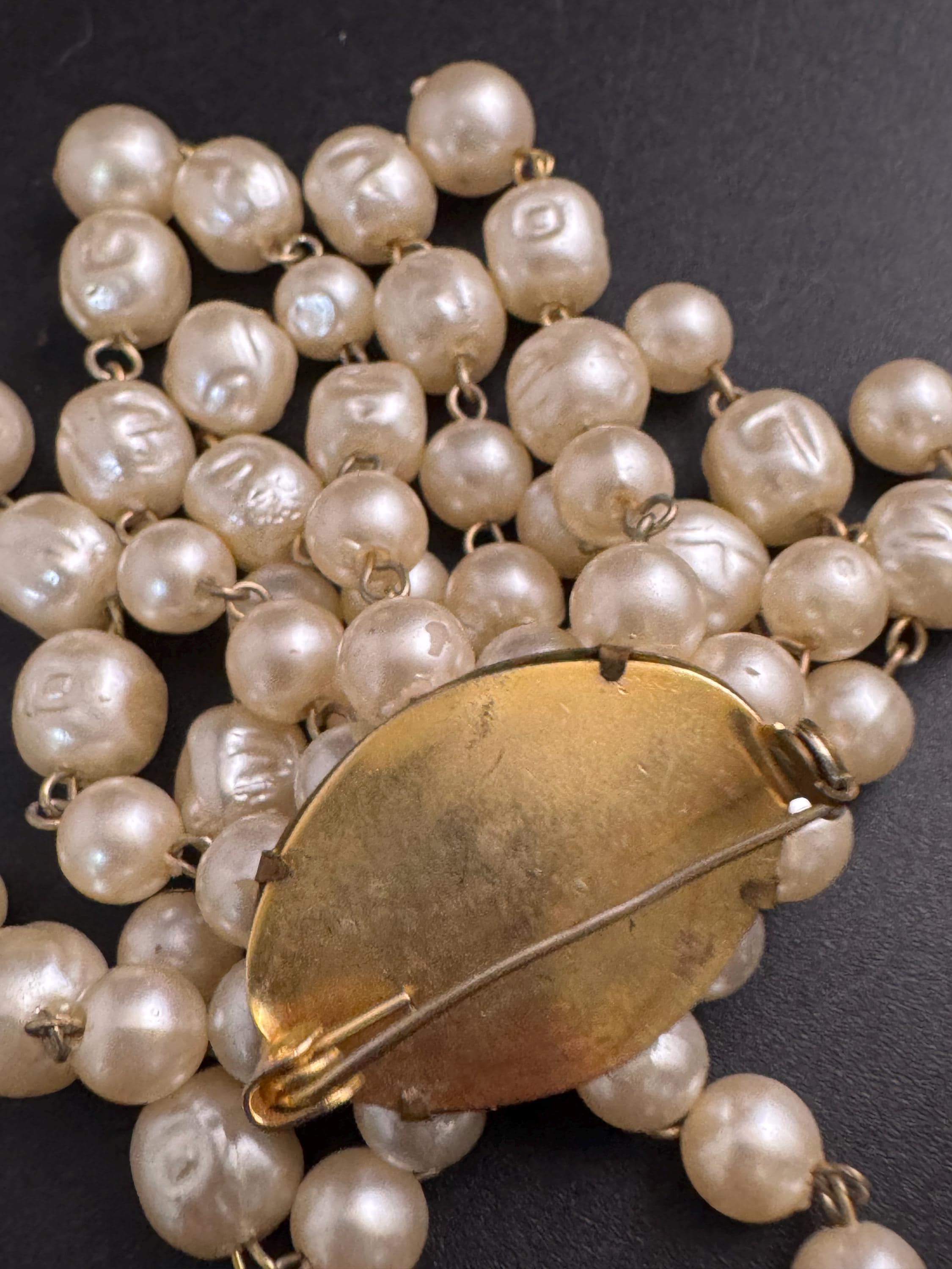 Big pearl beaded waterfall brooch, vintage plastic beads