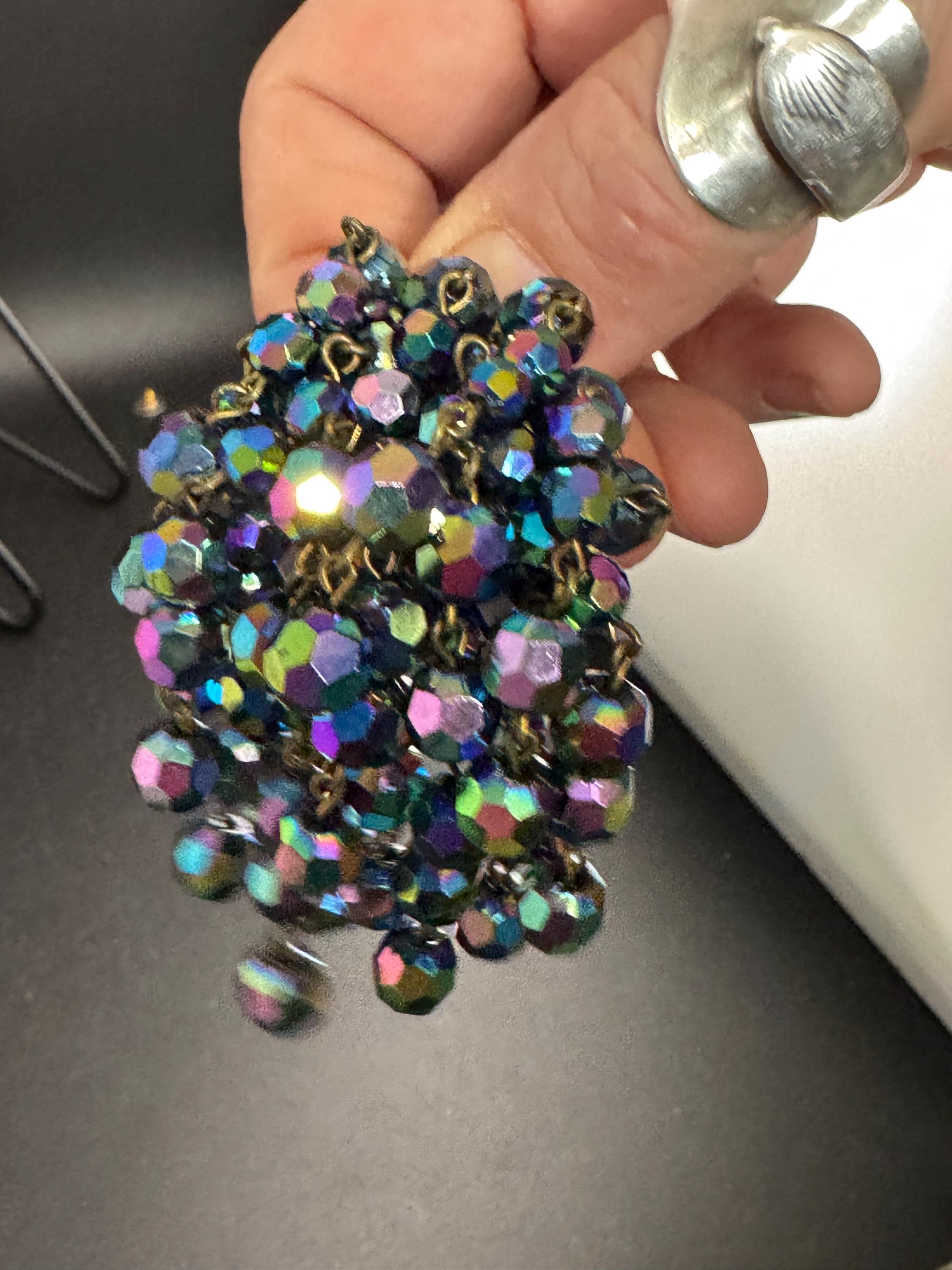 black AB glass Waterfall Brooch, vintage 1970s rainbow faceted beads