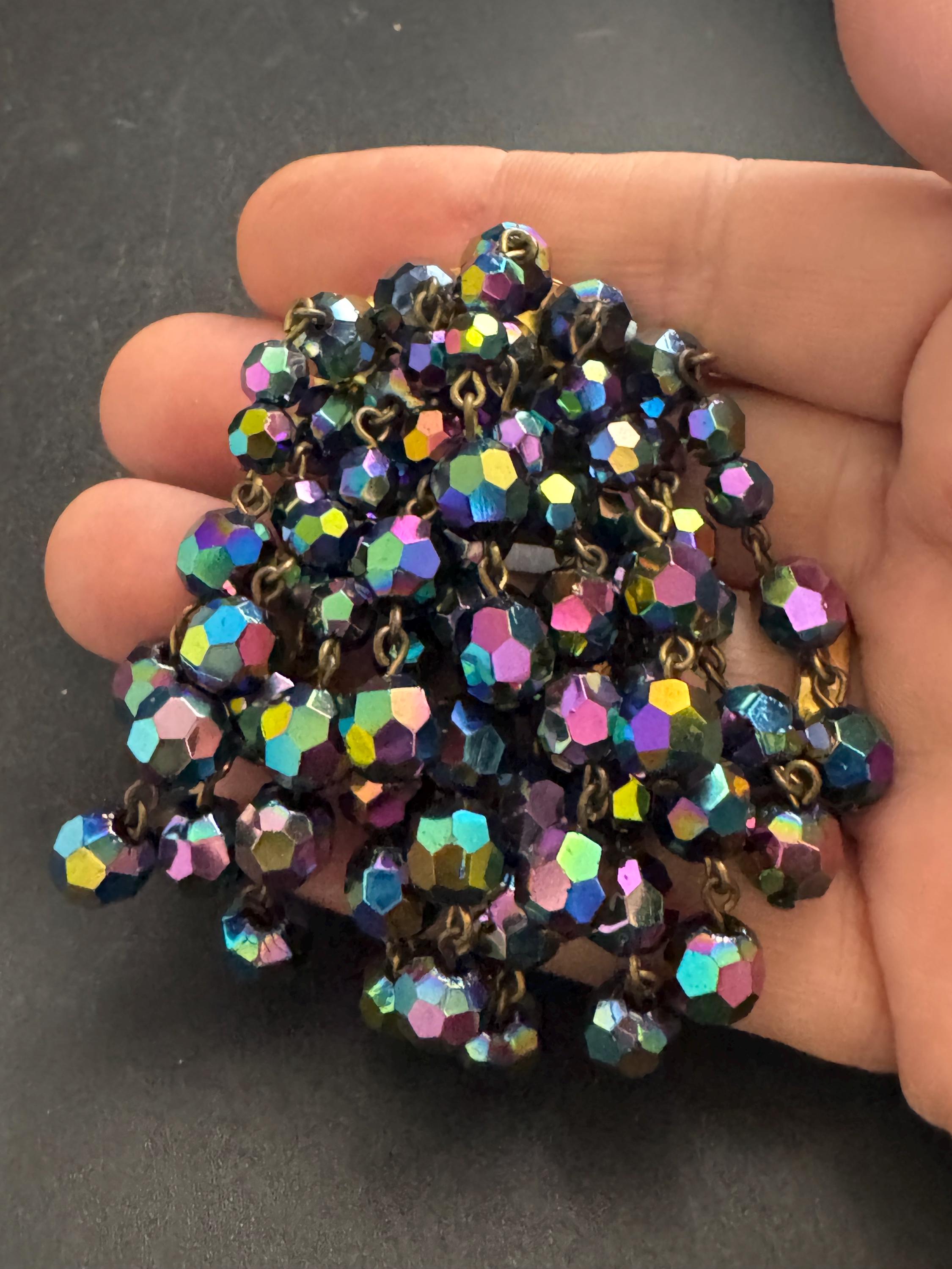 black AB glass Waterfall Brooch, vintage 1970s rainbow faceted beads