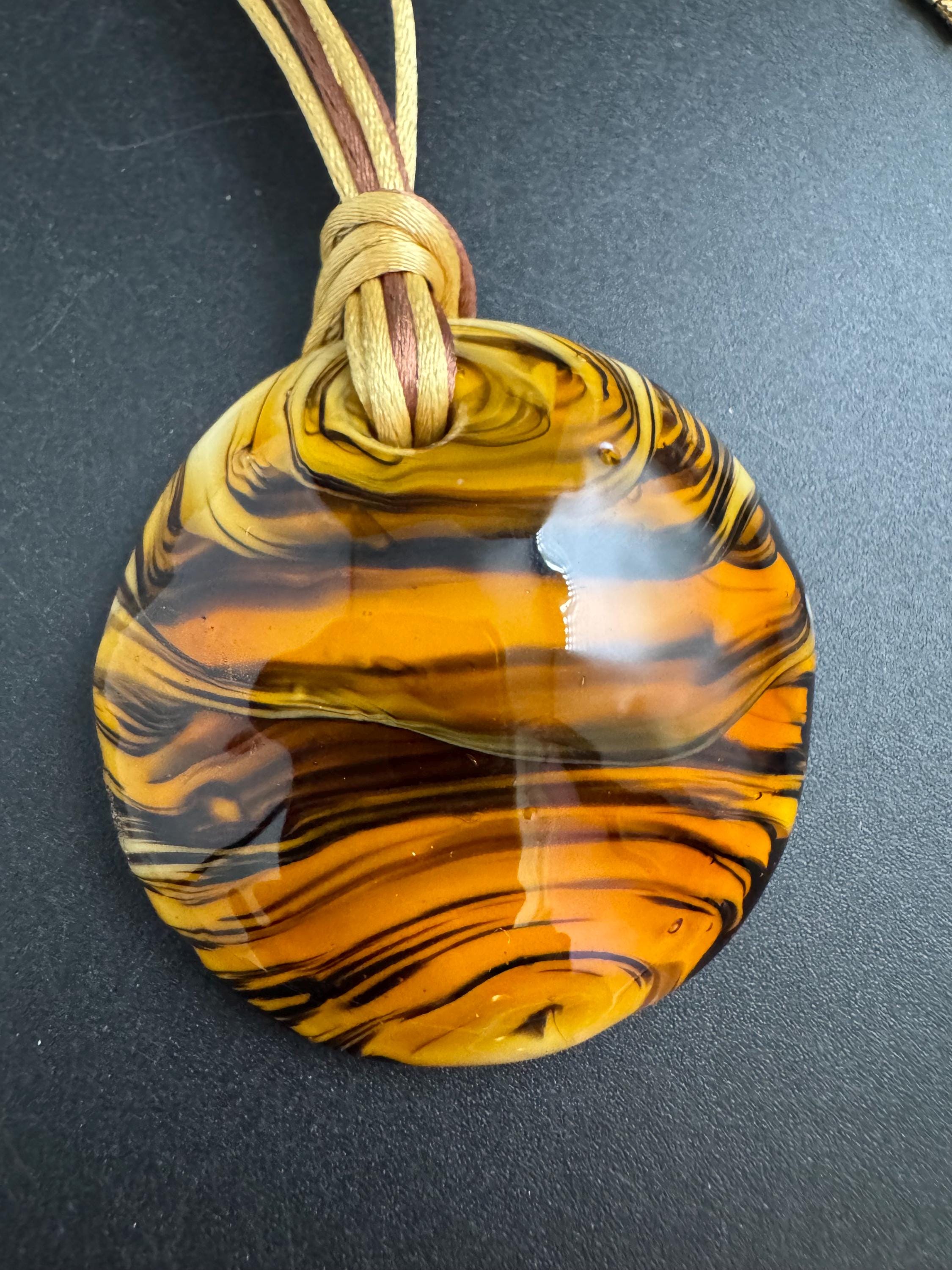 Murano glass brown disc pendant, Vintage signed gold black