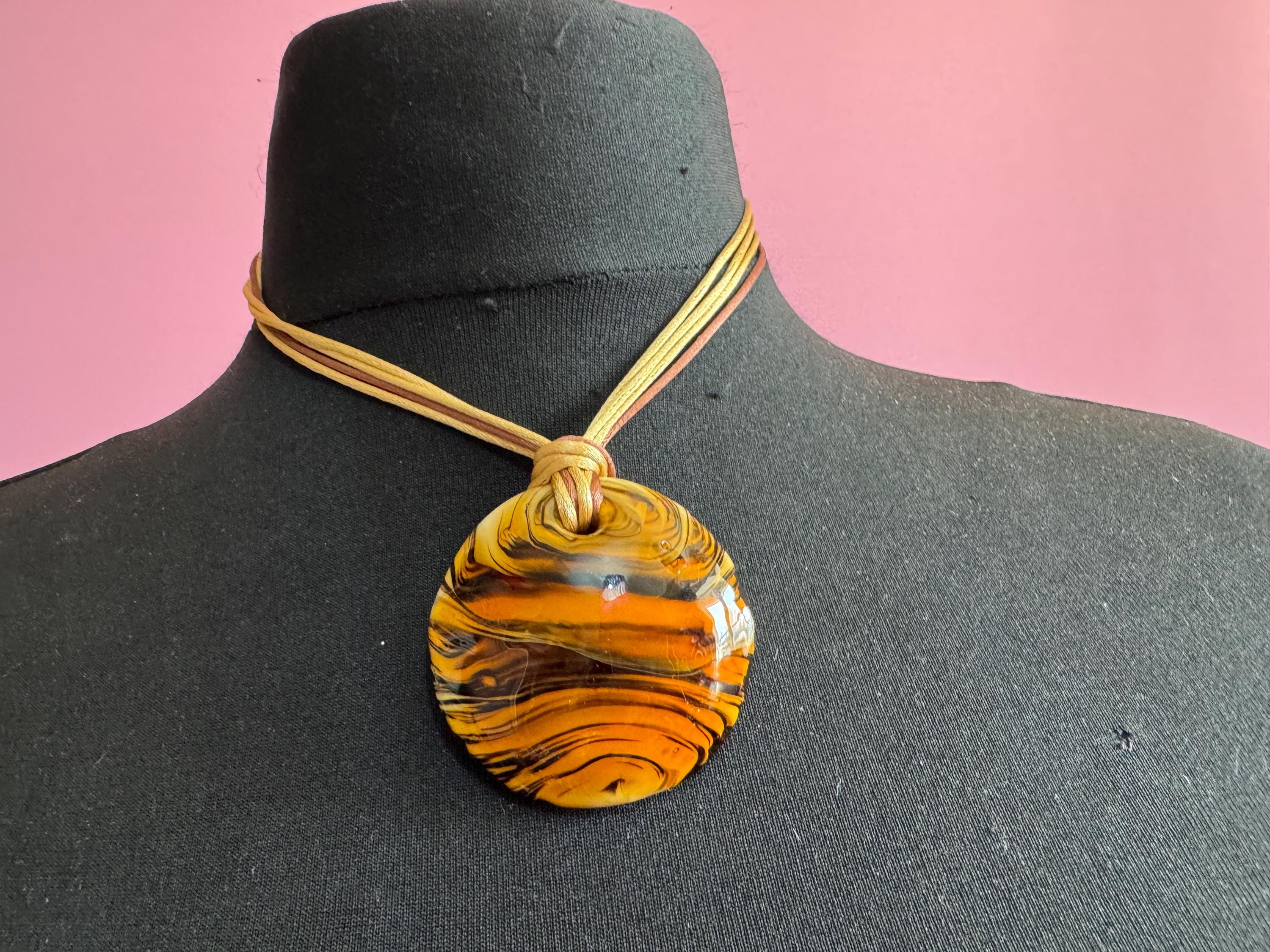 Murano glass brown disc pendant, Vintage signed gold black