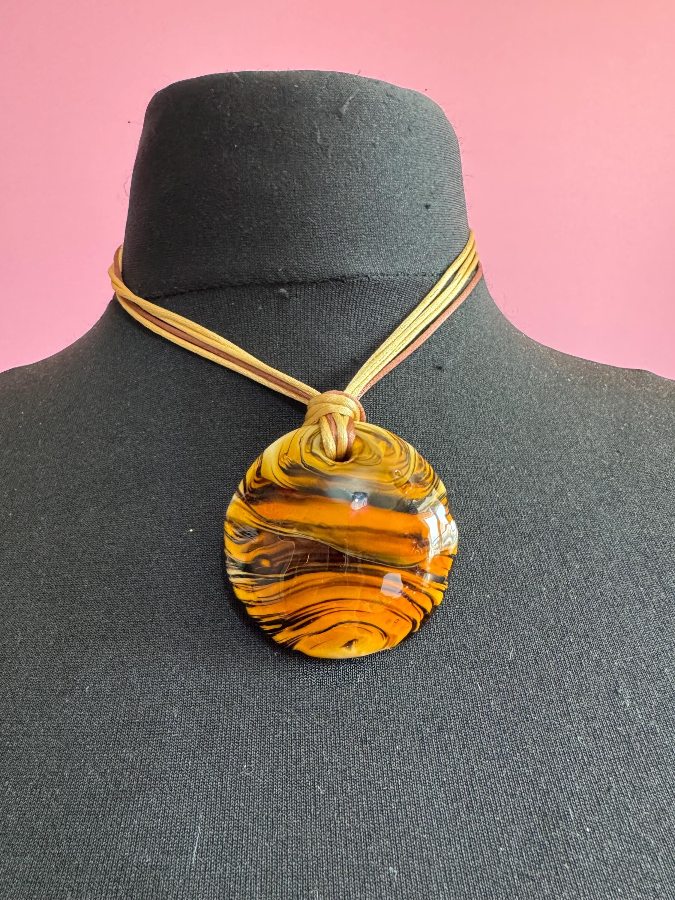 Murano glass brown disc pendant, Vintage signed gold black