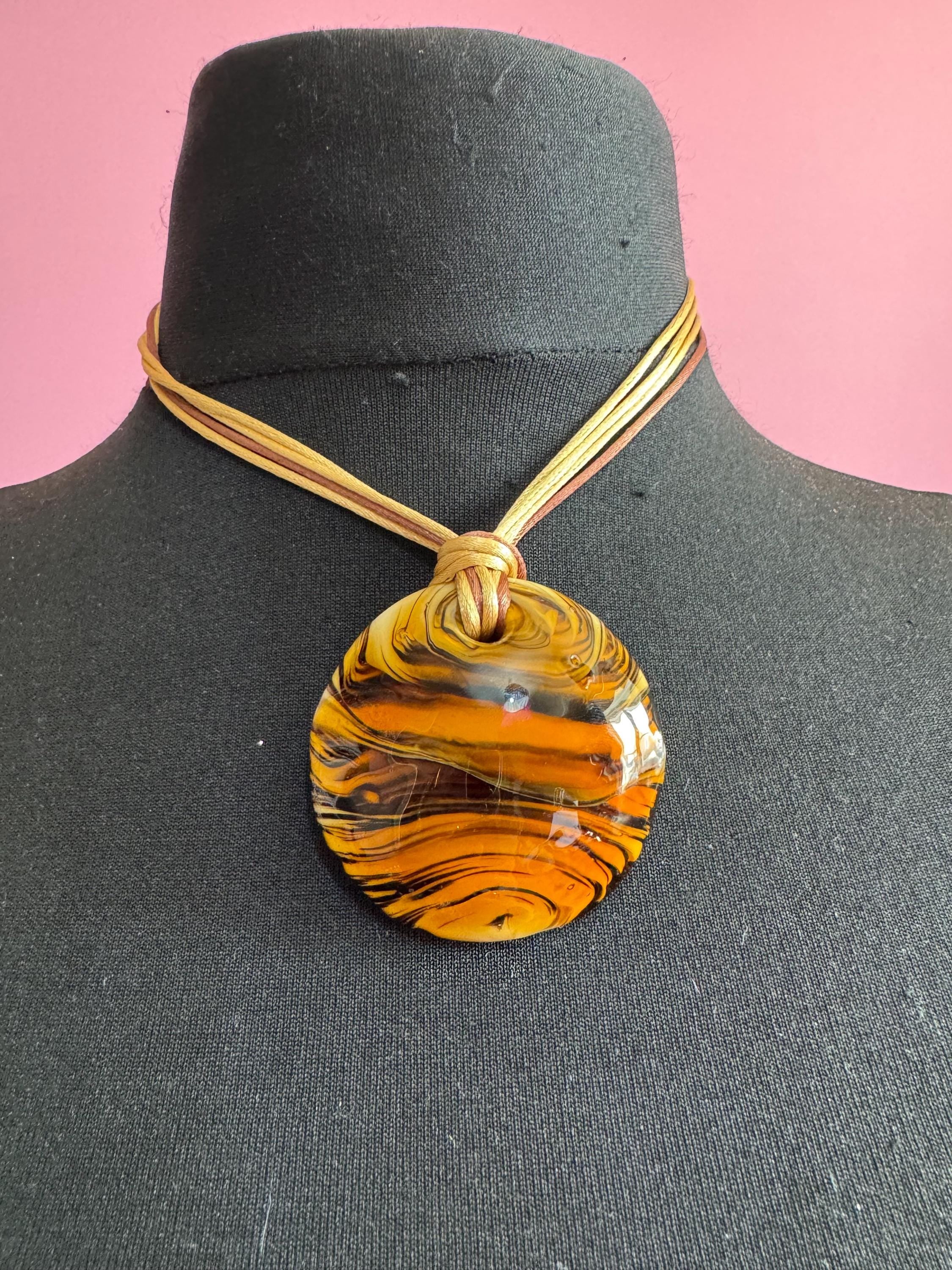 Murano glass brown disc pendant, Vintage signed gold black