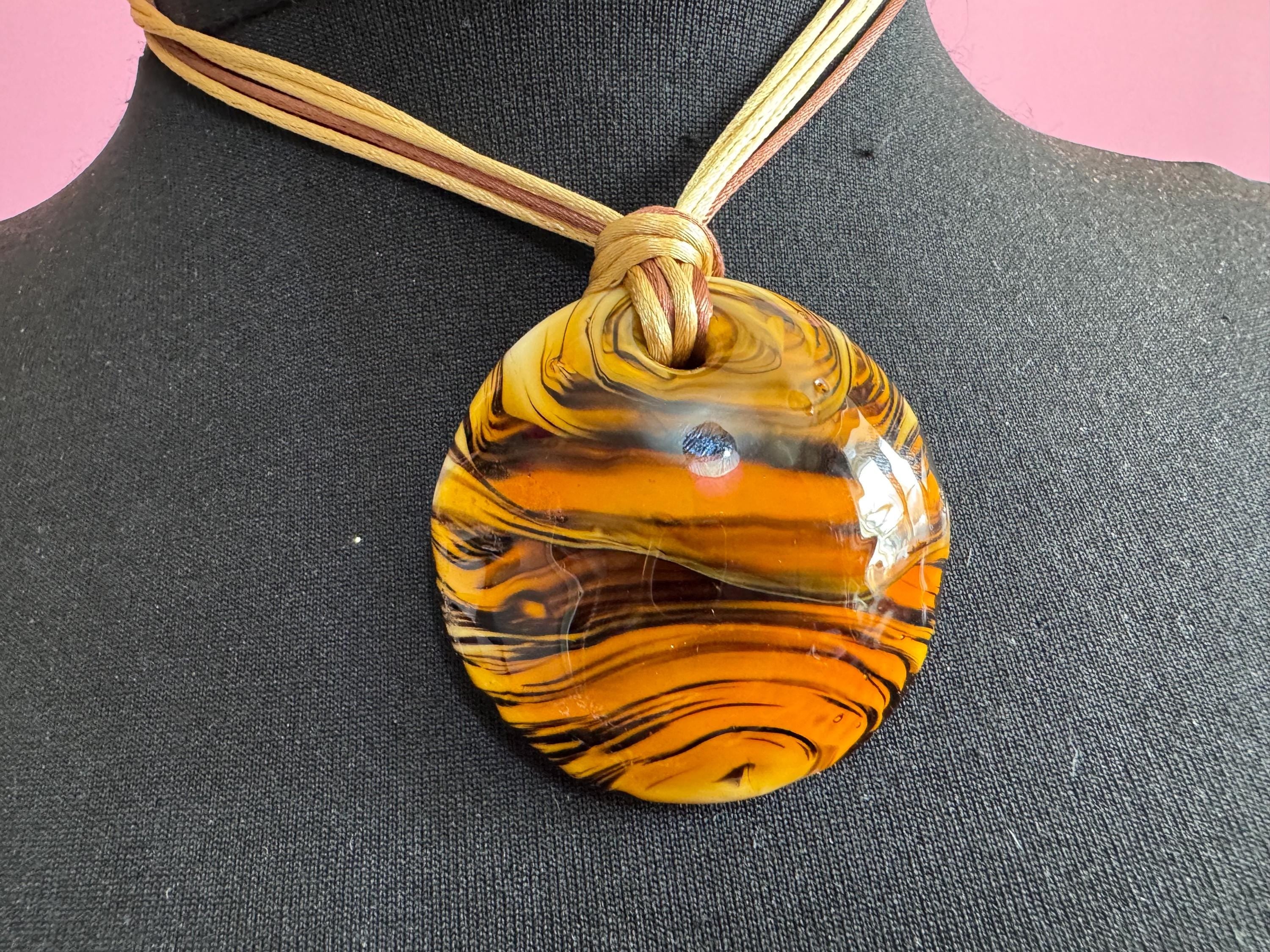 Murano glass brown disc pendant, Vintage signed gold black