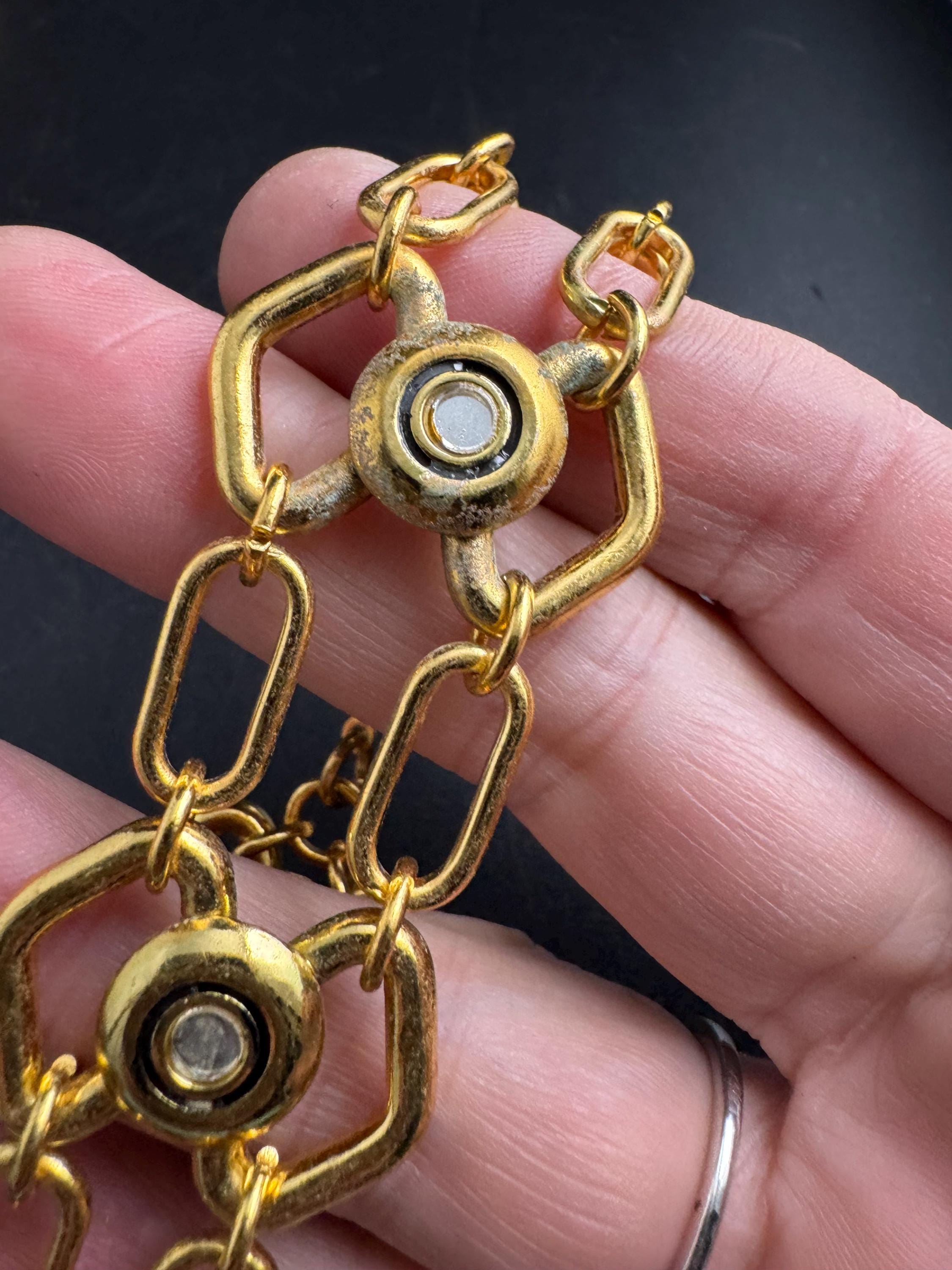 Wide gold geometric chain link bracelet , vintage unused 70s