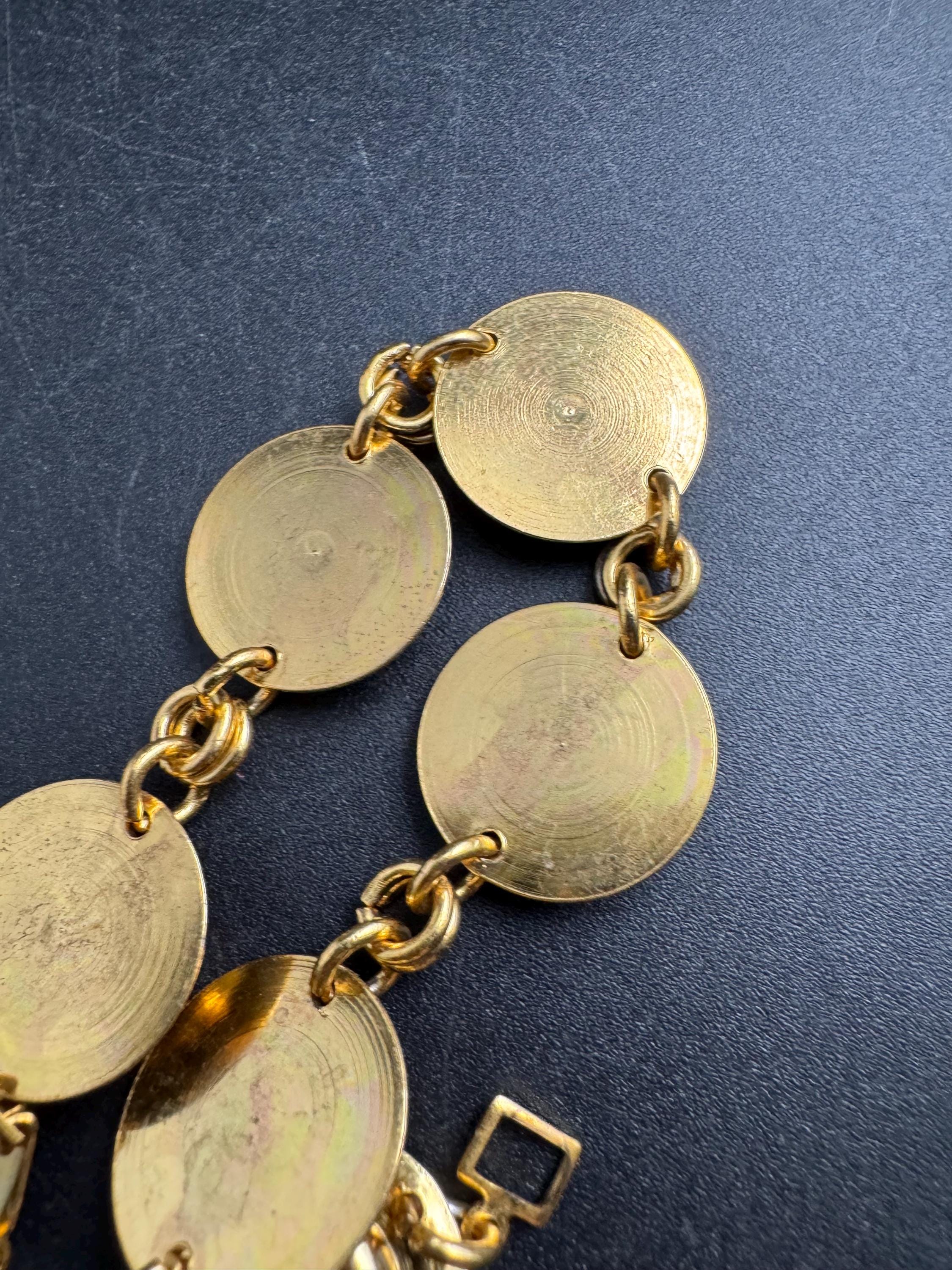 Etruscan gold disc panel link bracelet , vintage unused 1960s