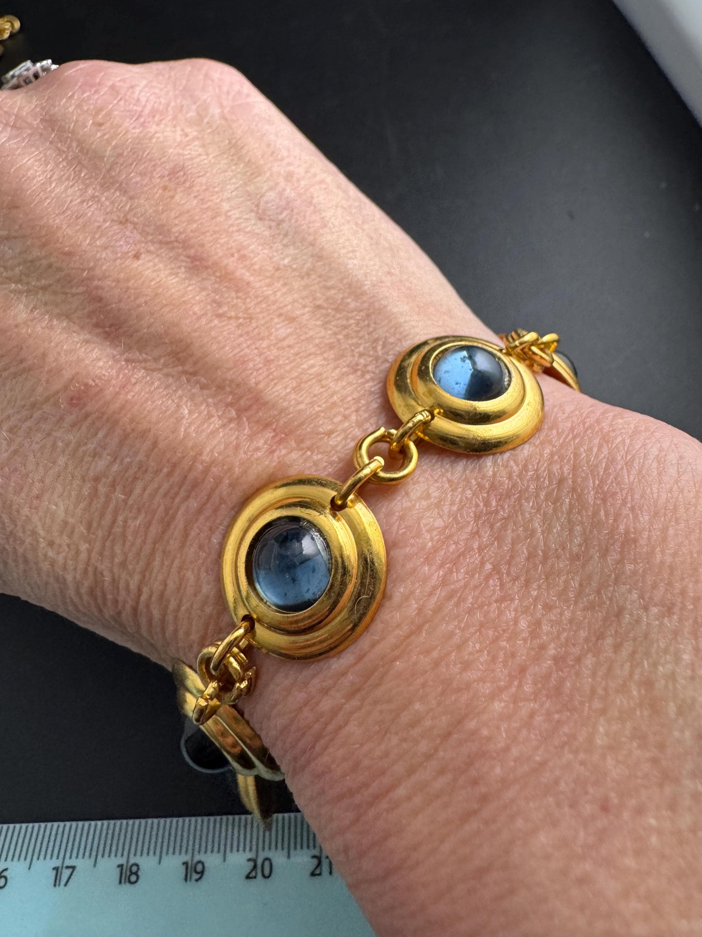 Etruscan sapphire cabochon disc bracelet , blue glass vintage unused 1960s
