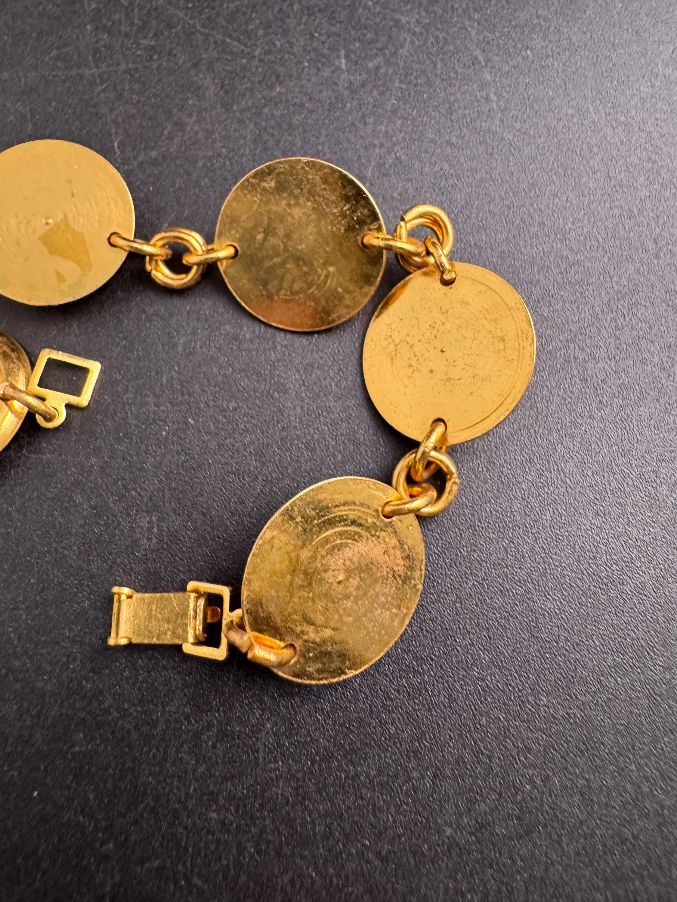 Etruscan sapphire cabochon disc bracelet , blue glass vintage unused 1960s