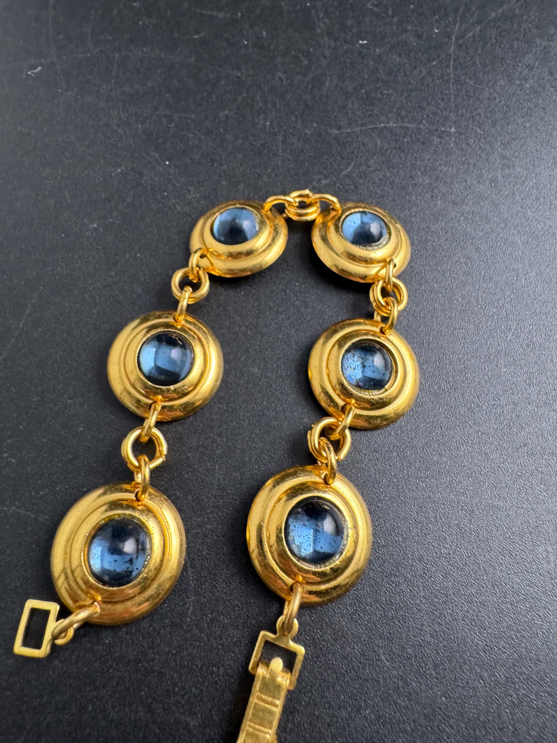 Etruscan sapphire cabochon disc bracelet , blue glass vintage unused 1960s