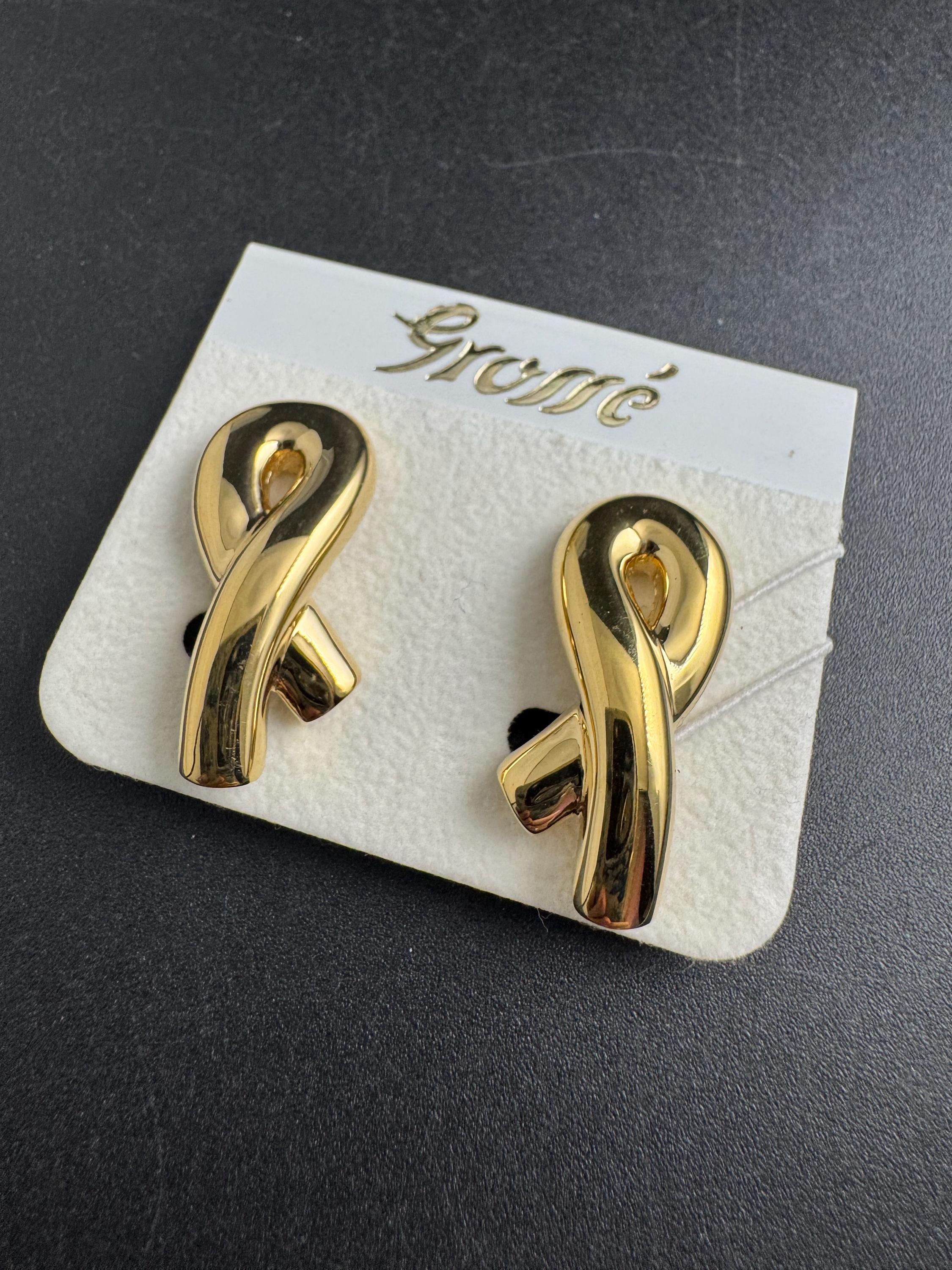Grosse gold plated clip on earrings, unused vintage stock designer and fully signed