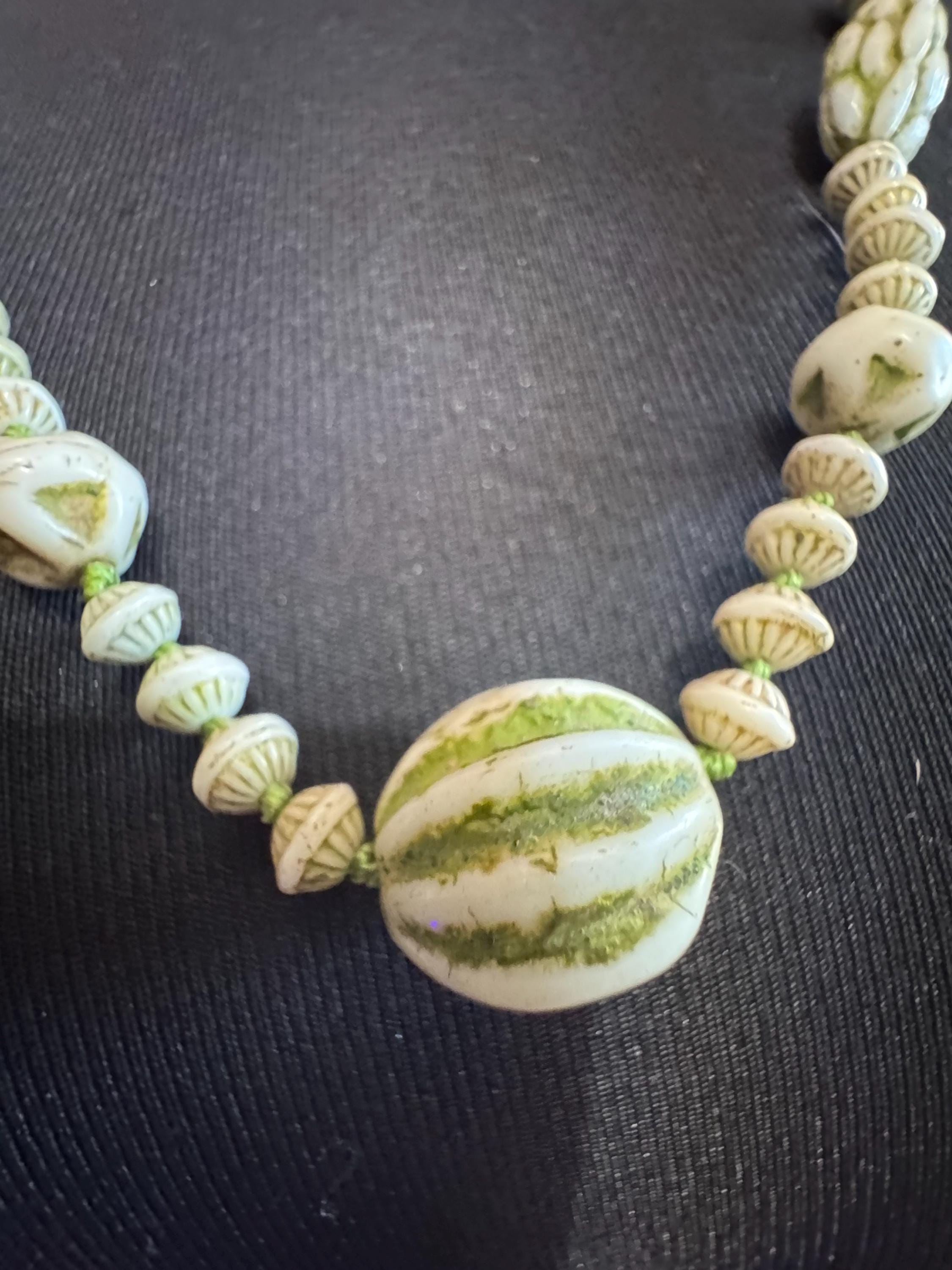 neiger UV beaded necklace, cream and green beads 76 uranium glass