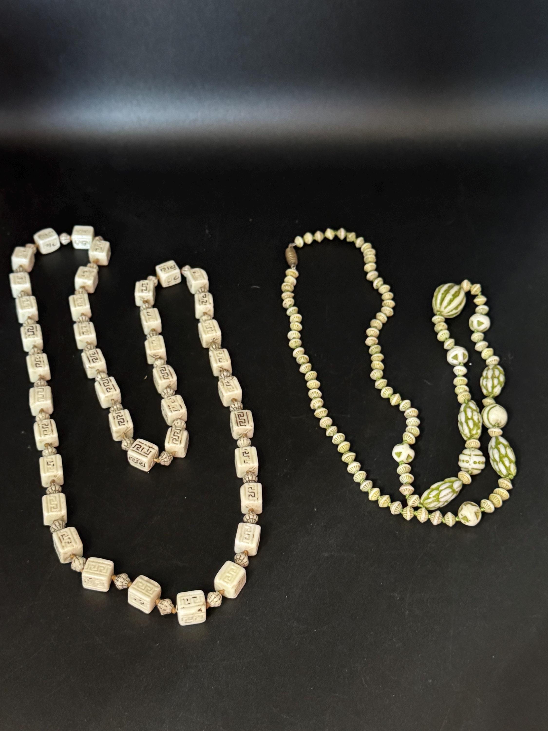 neiger UV beaded necklace, cream and green beads 76 uranium glass