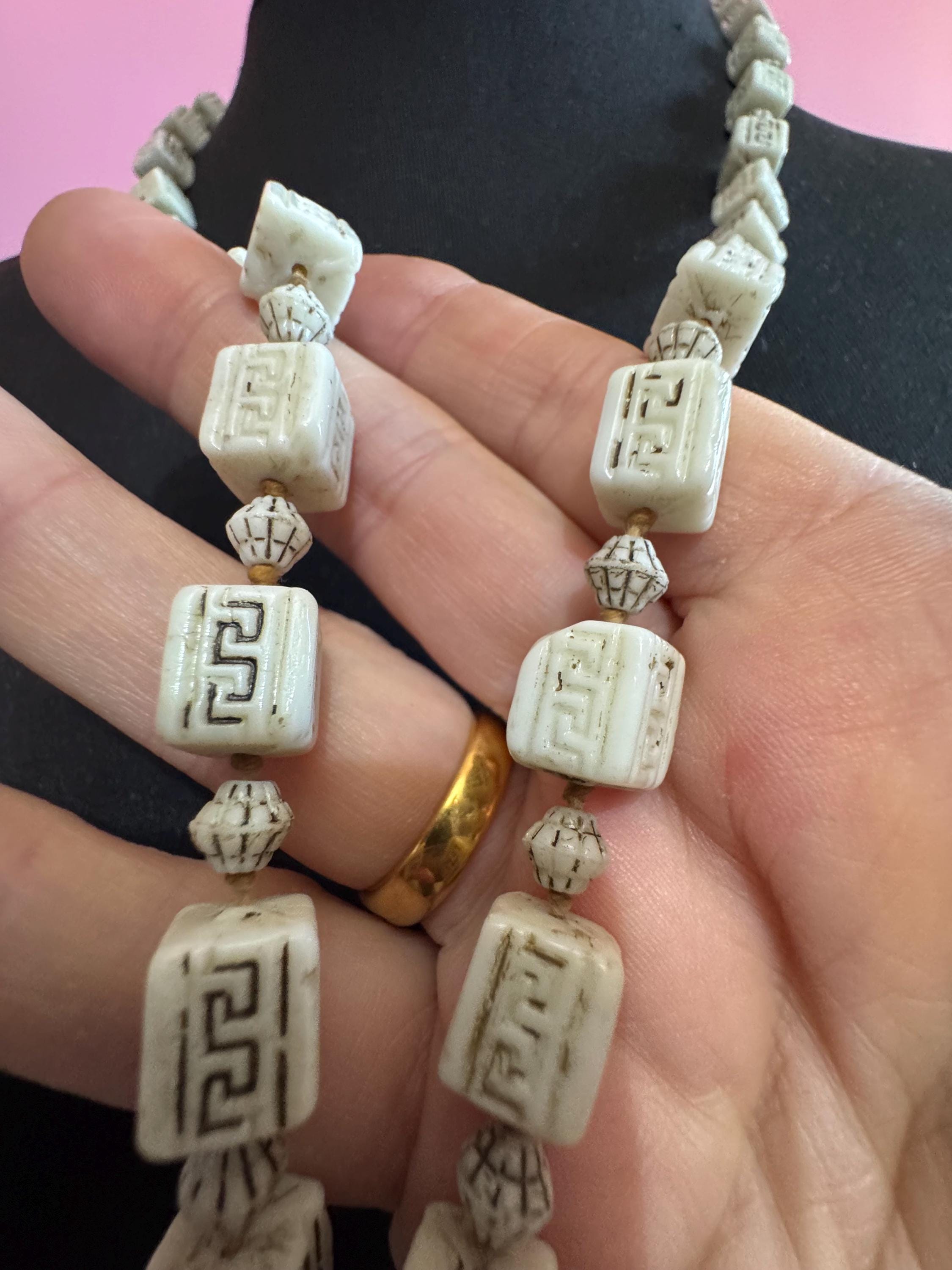 neiger UV square beaded necklace, cream and brown beads 80cm uranium glass