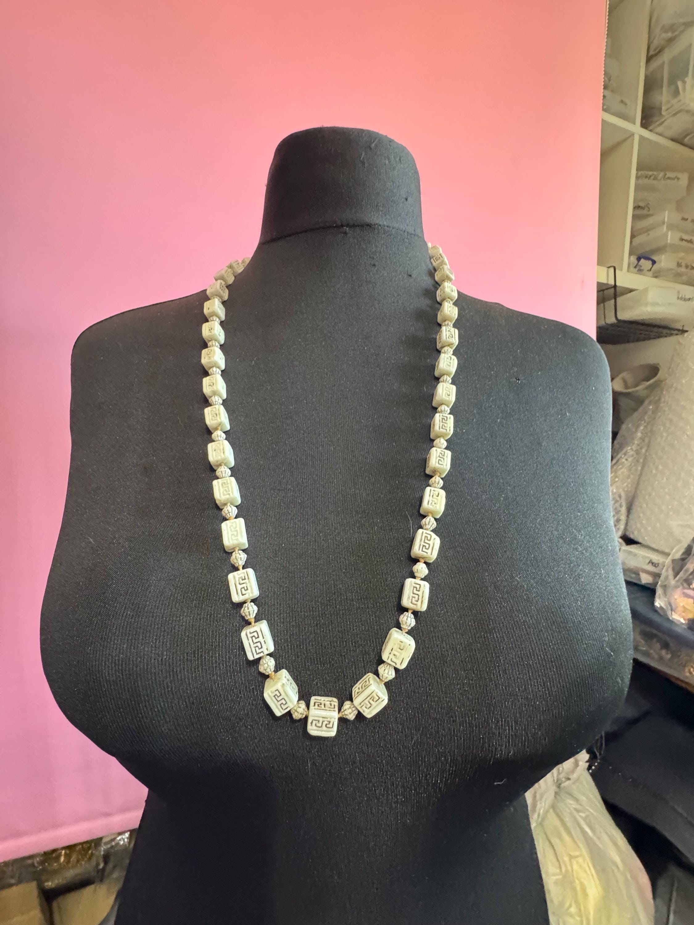 neiger UV square beaded necklace, cream and brown beads 80cm uranium glass