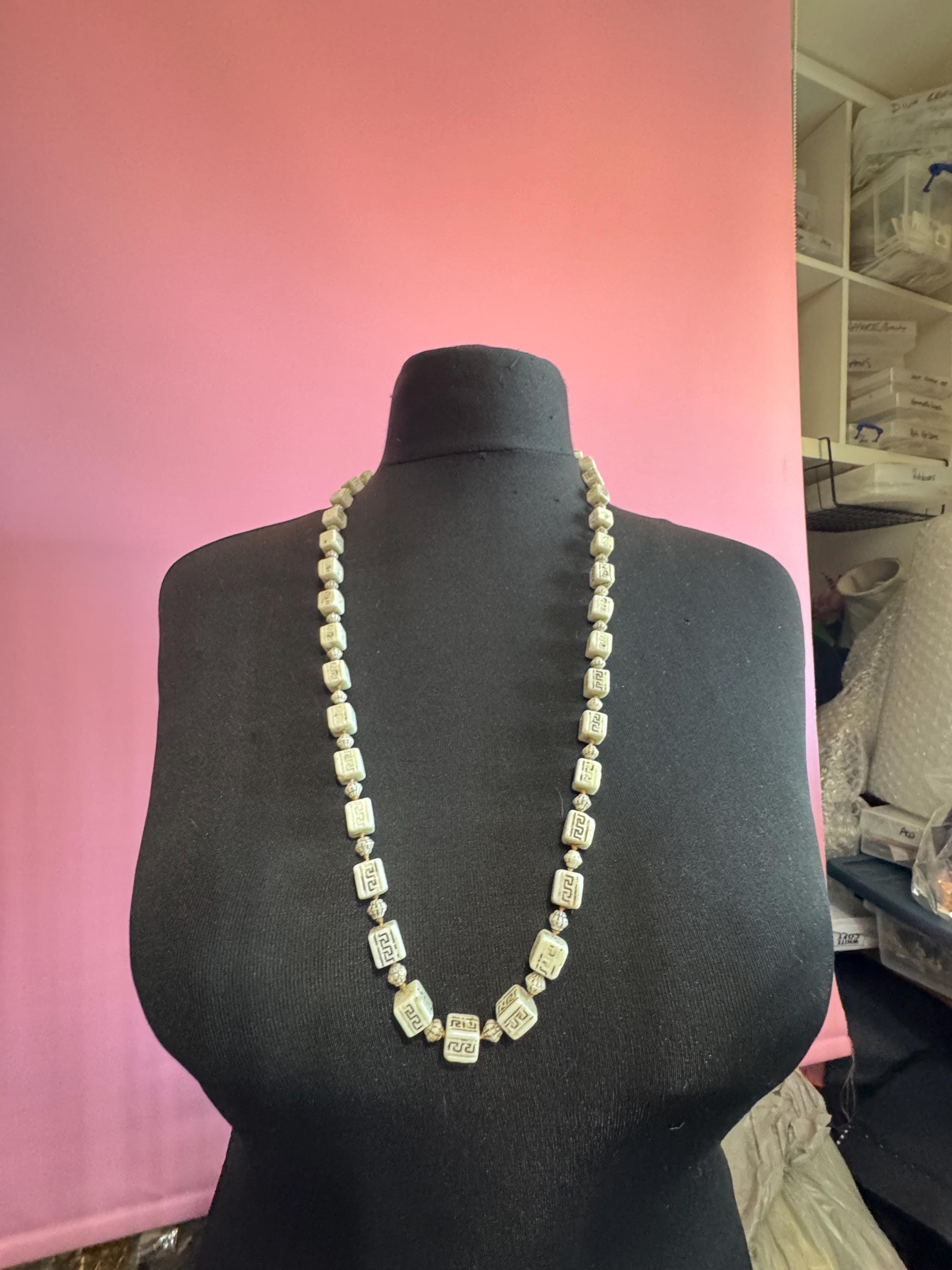 neiger UV square beaded necklace, cream and brown beads 80cm uranium glass