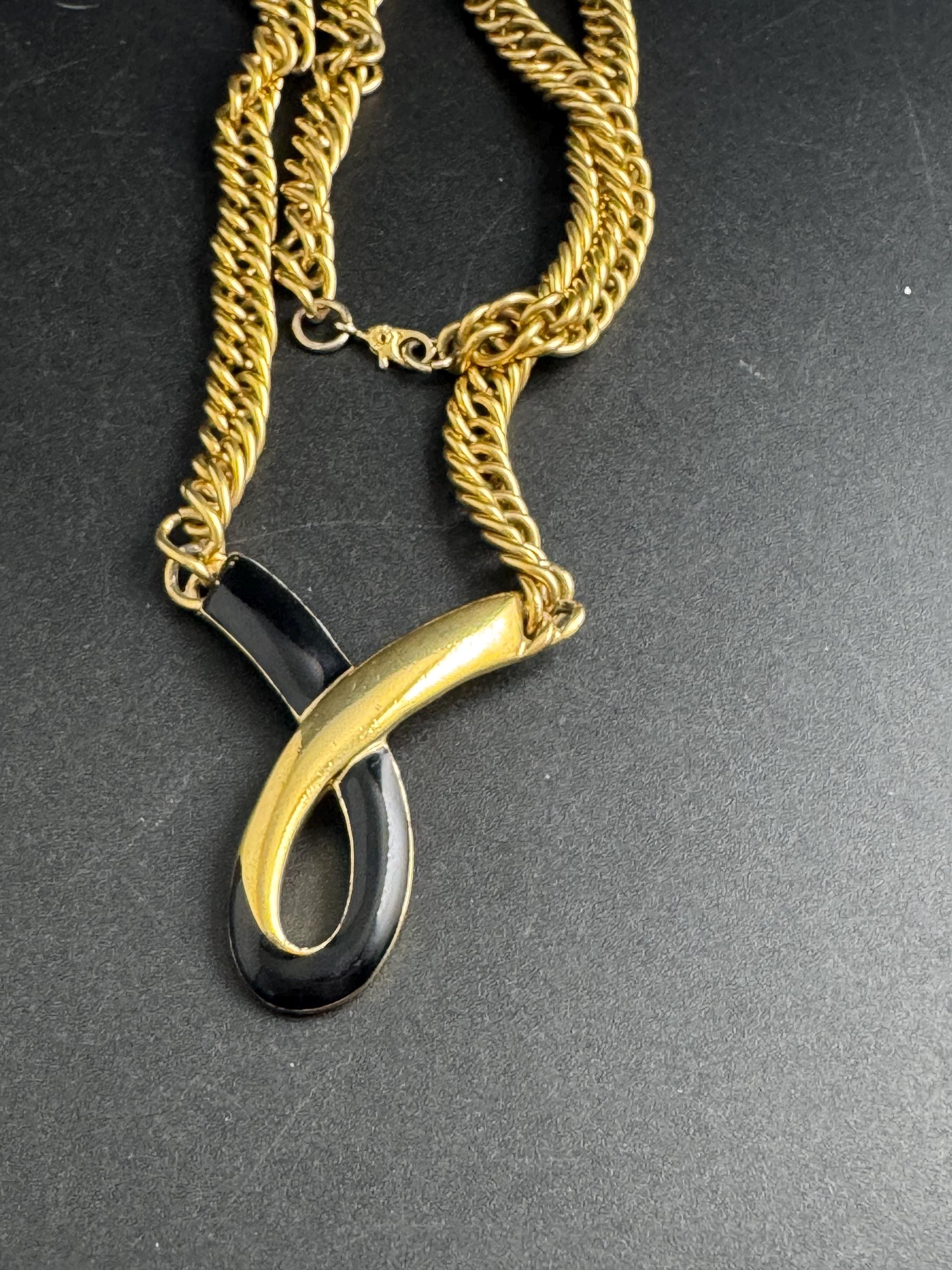 Monet Black Enamel Collar Necklace, signed and vintage gold plated choker