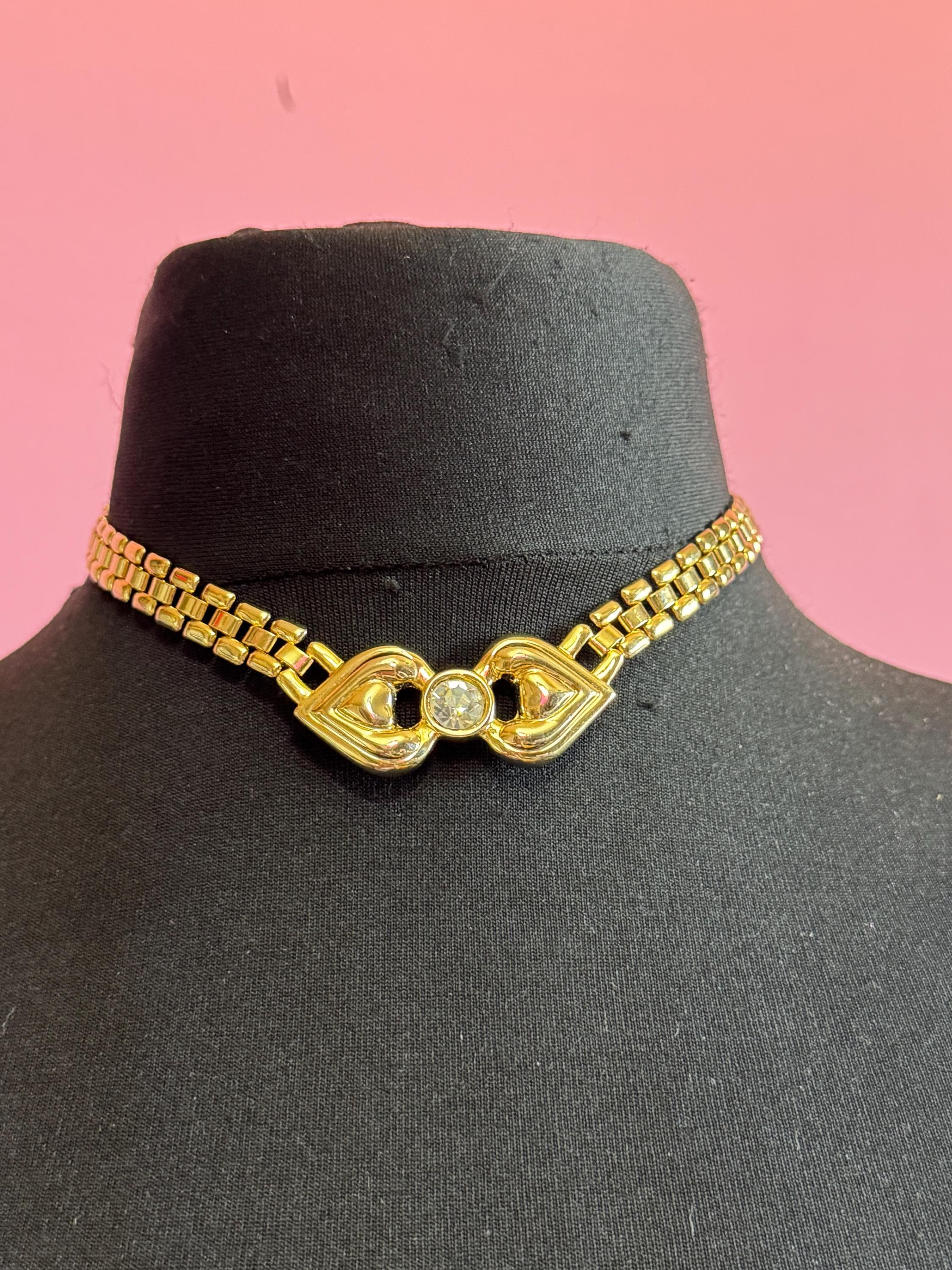 Pierre Cardin rhinestone panther link Choker: 1980s Gold Tone Necklace