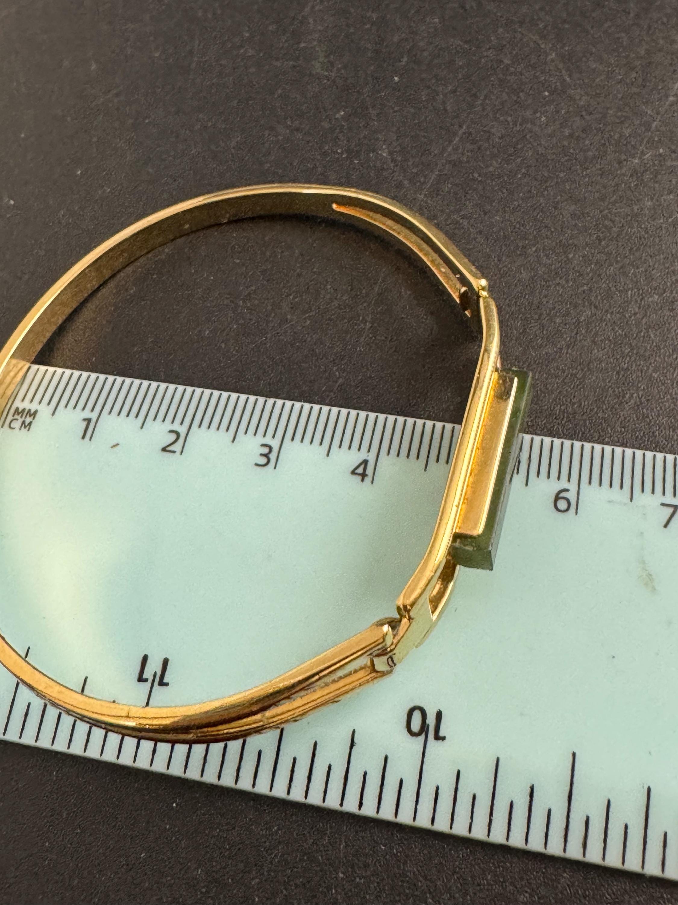 Avon gold green jade glass hinged bangle, Vintage signed