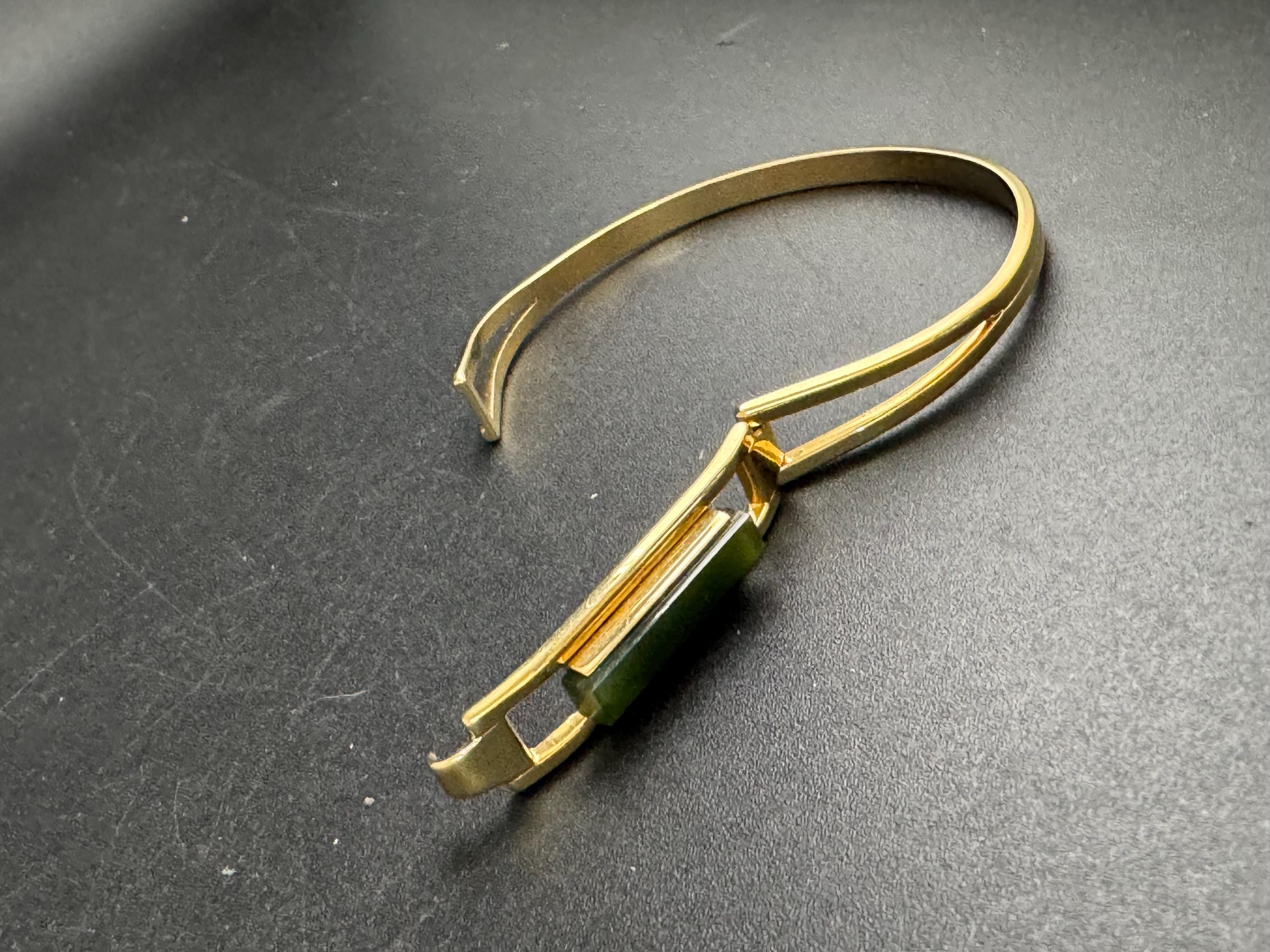 Avon gold green jade glass hinged bangle, Vintage signed