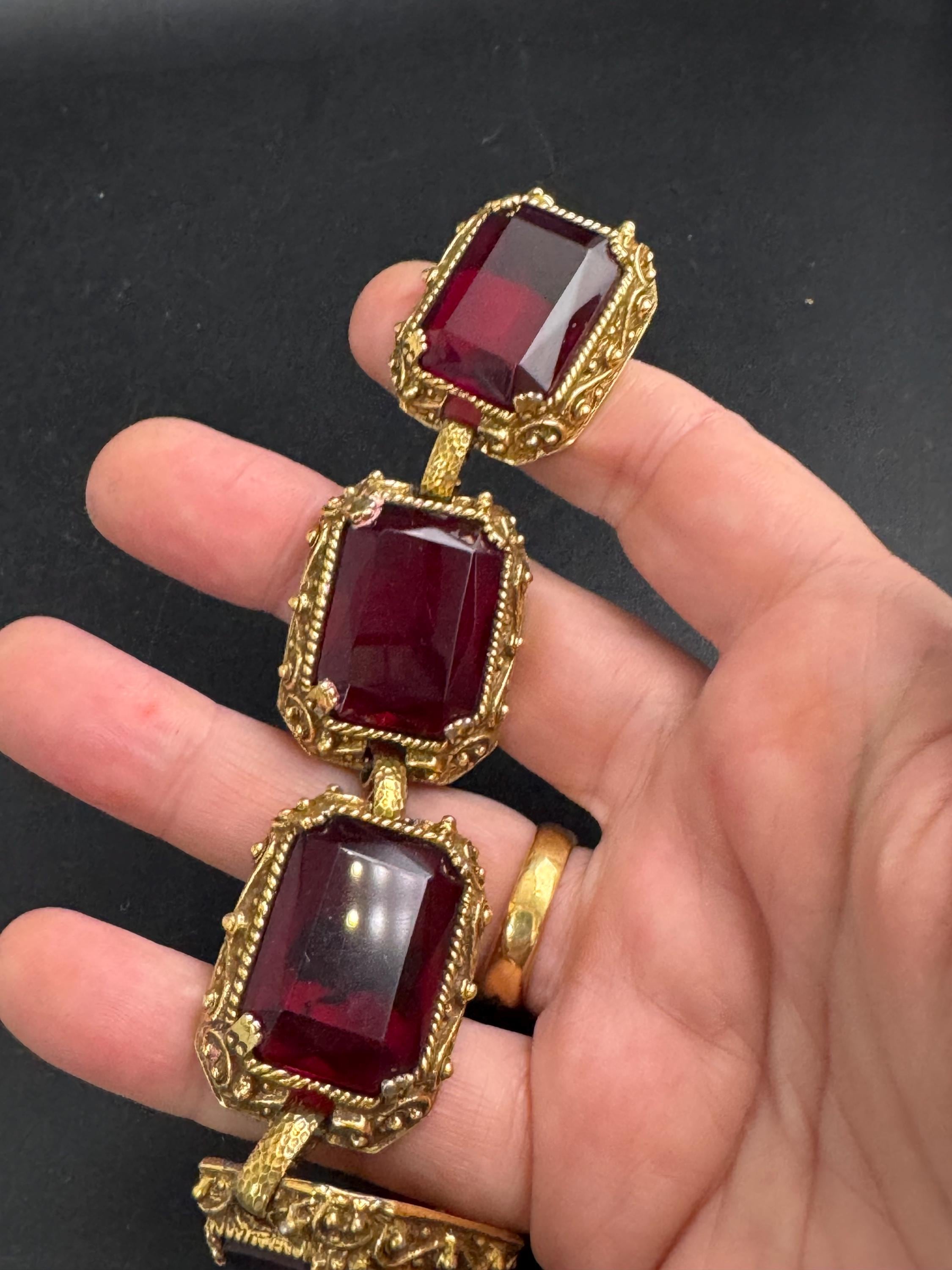 Judy Lee ruby glass bracelet, vintage antique gold tone panel link mid century