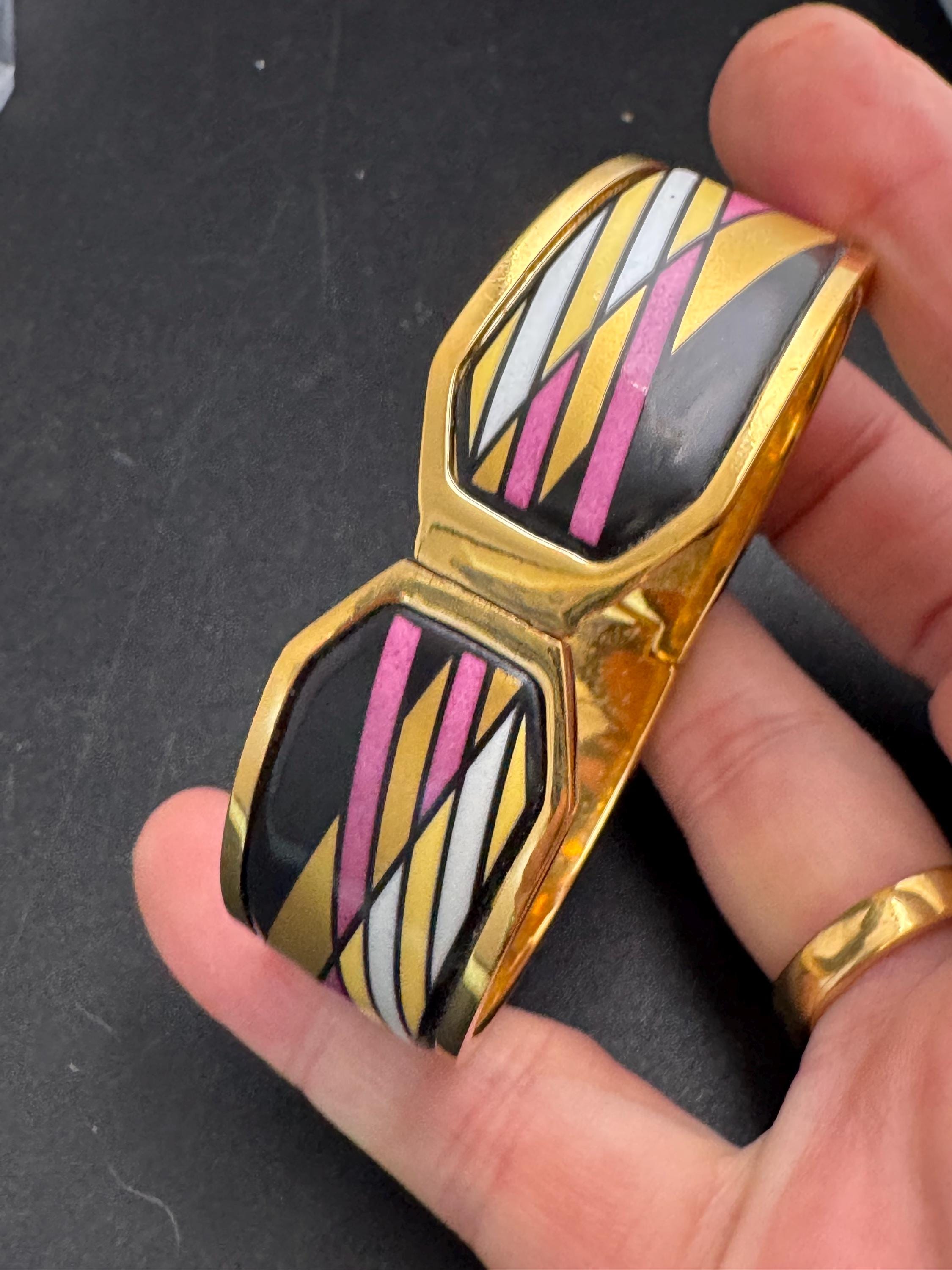 Michaela Frey 24ct gp Enamel Bangle, Vintage Designer Clamper Bracelet Austria