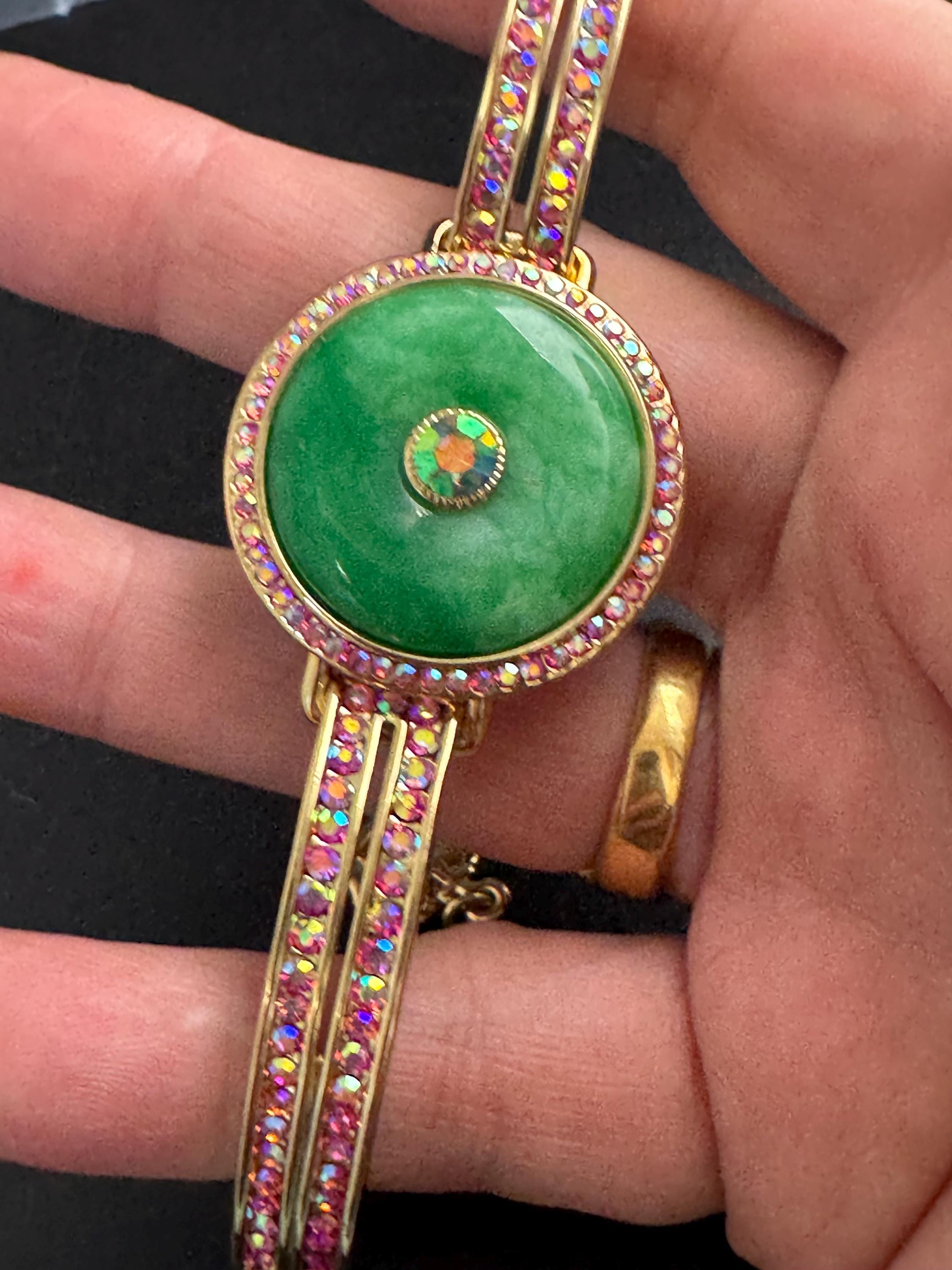 Butler & Wilson pink rhinestone bracelet, ab rhinestone crystals with green peking glass central cabochon