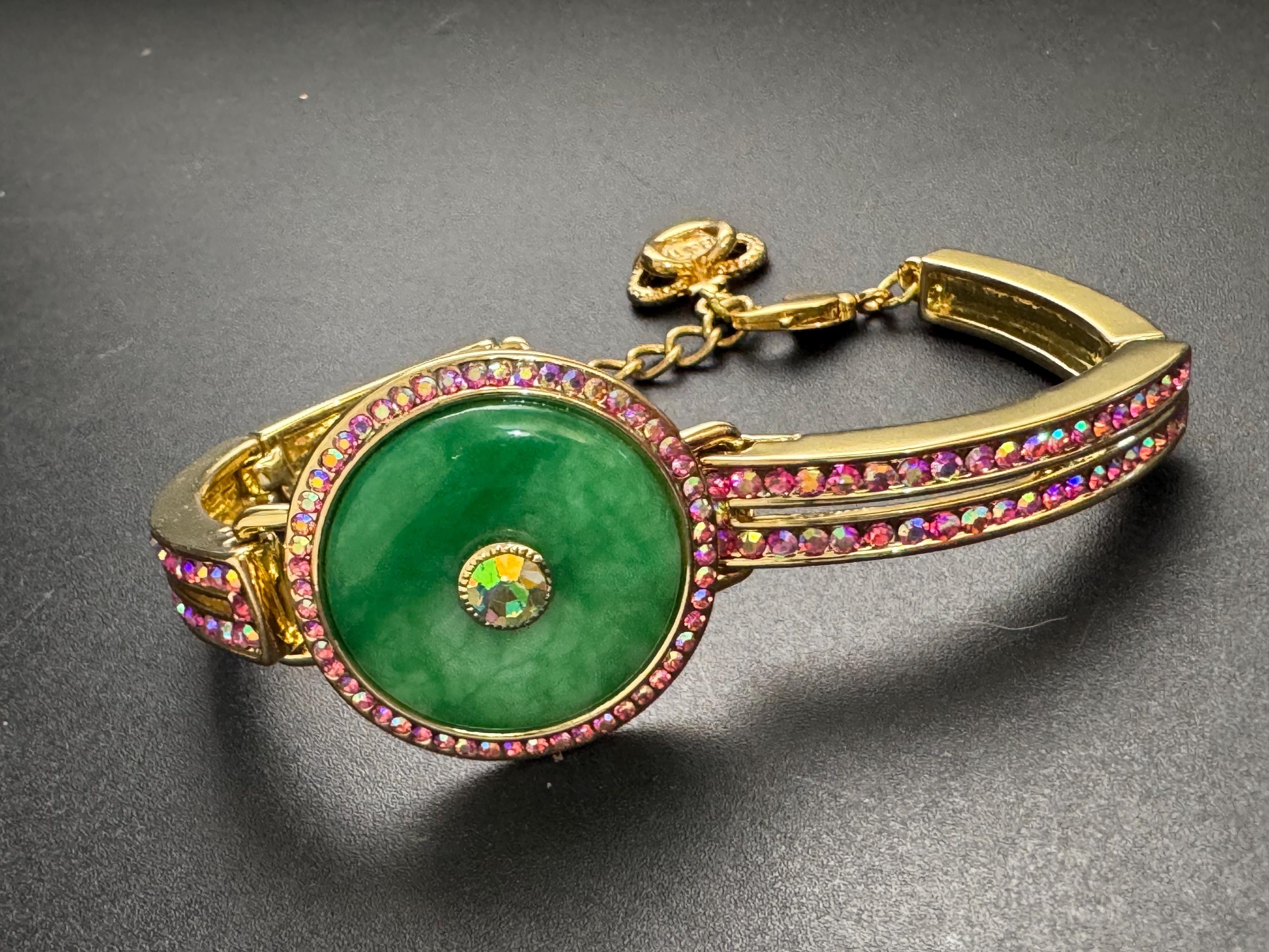 Butler & Wilson pink rhinestone bracelet, ab rhinestone crystals with green peking glass central cabochon