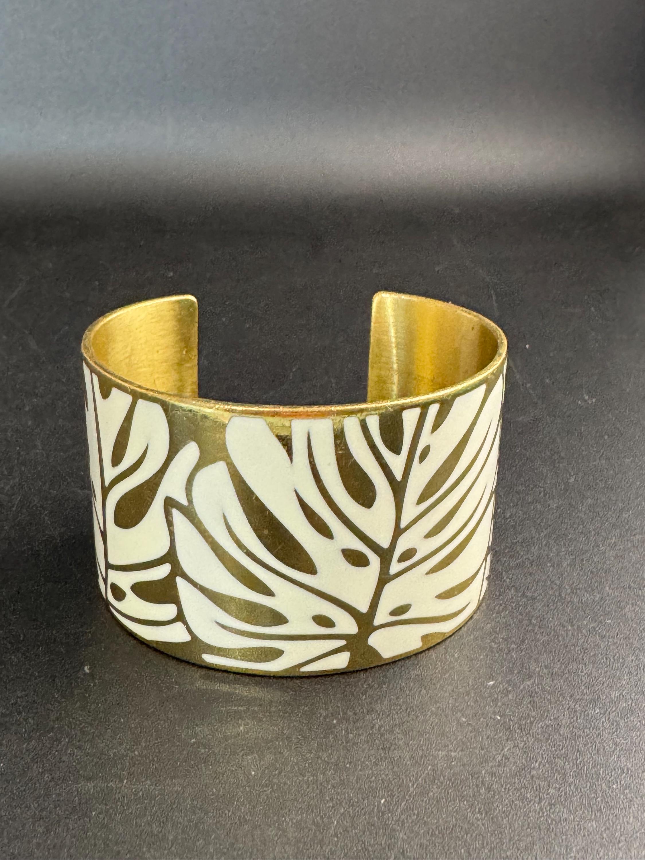 AGATHA cream enamel wide cuff bangle, palm tree leaf Paris designer signed A