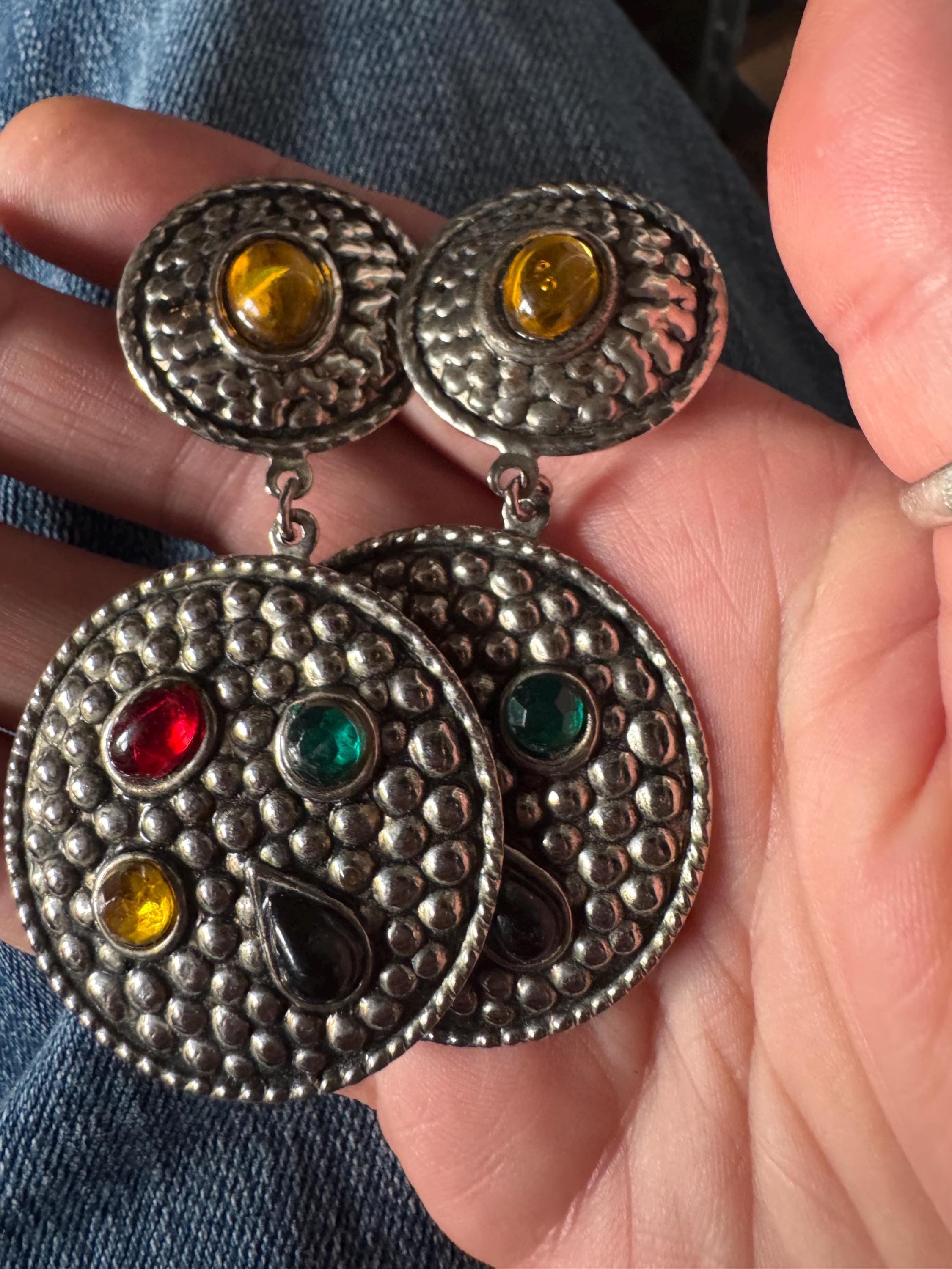 Cabochon disc clip on earrings, silver tone coloured stones lightweight metal