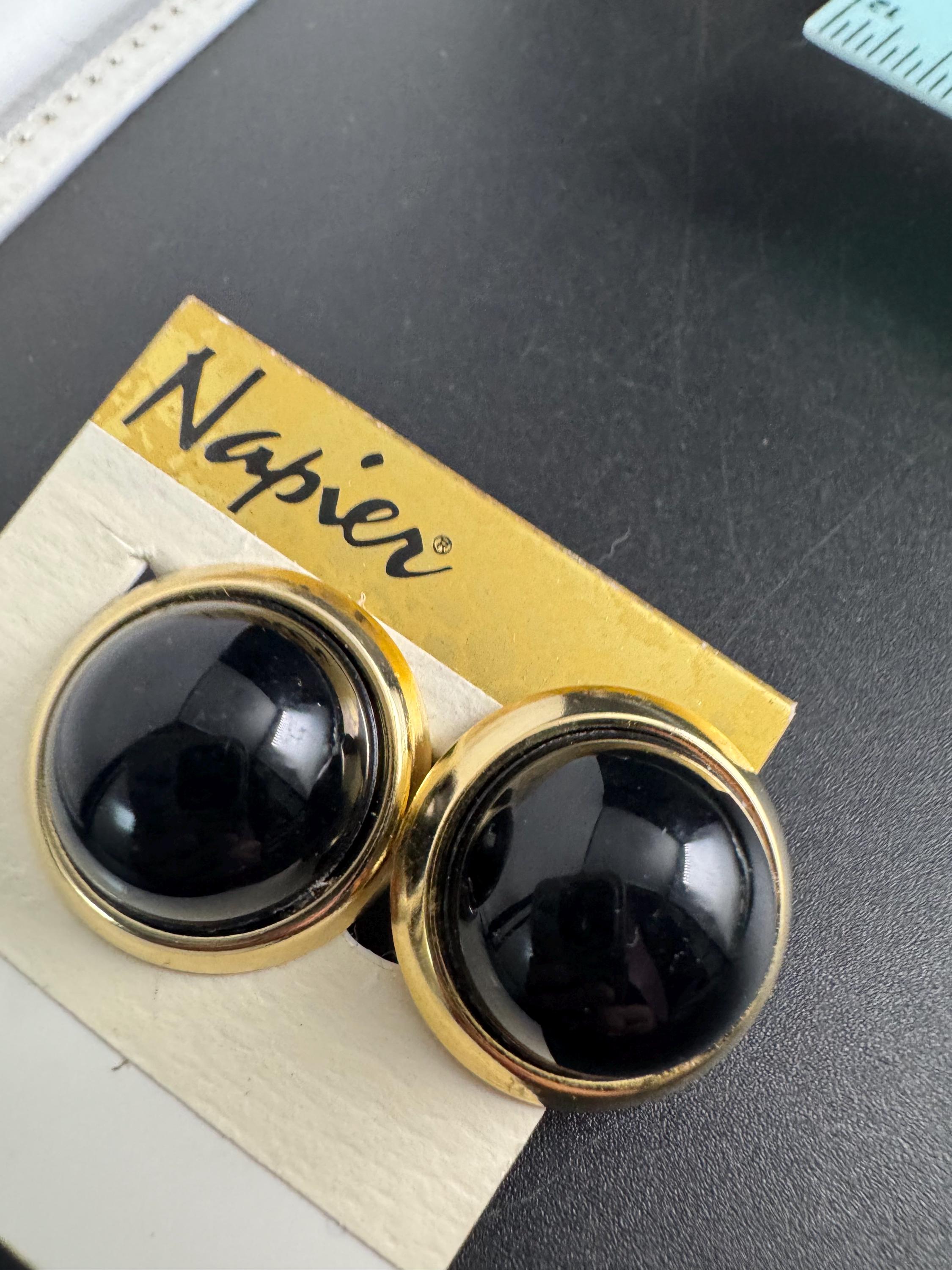 Vintage NAPIER black clip on earrings, signed gold plated, designer