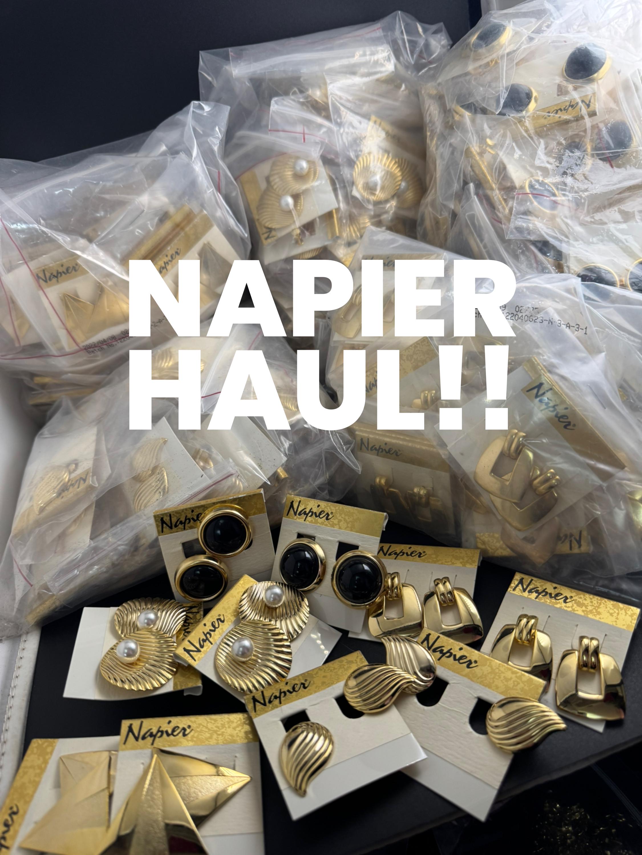 NAPIER triangular clip on earrings, vintage signed 80s geometric gold plated