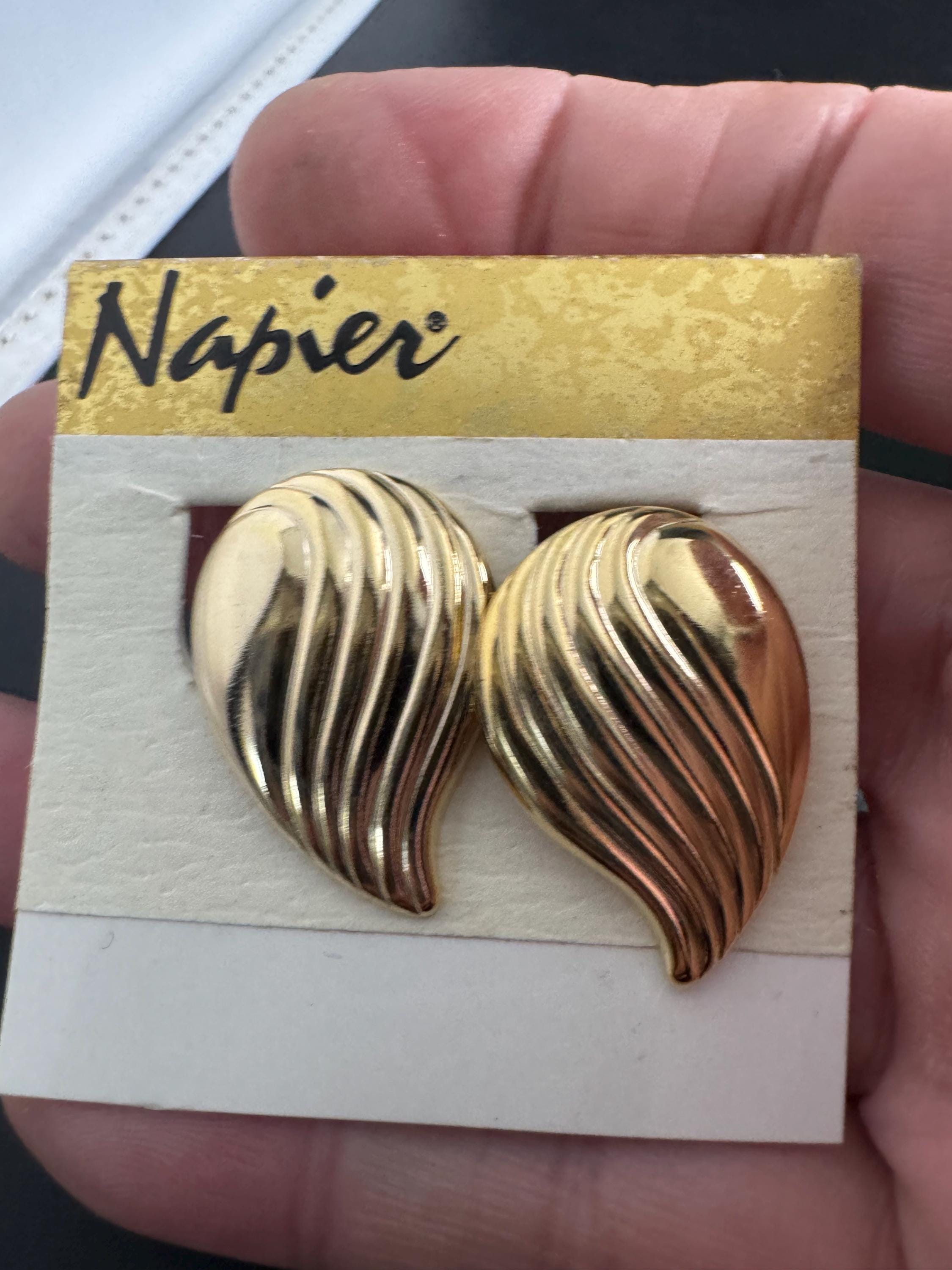 NAPIER teardrop clip on earrings, vintage signed 80s abstract swirl gold plated