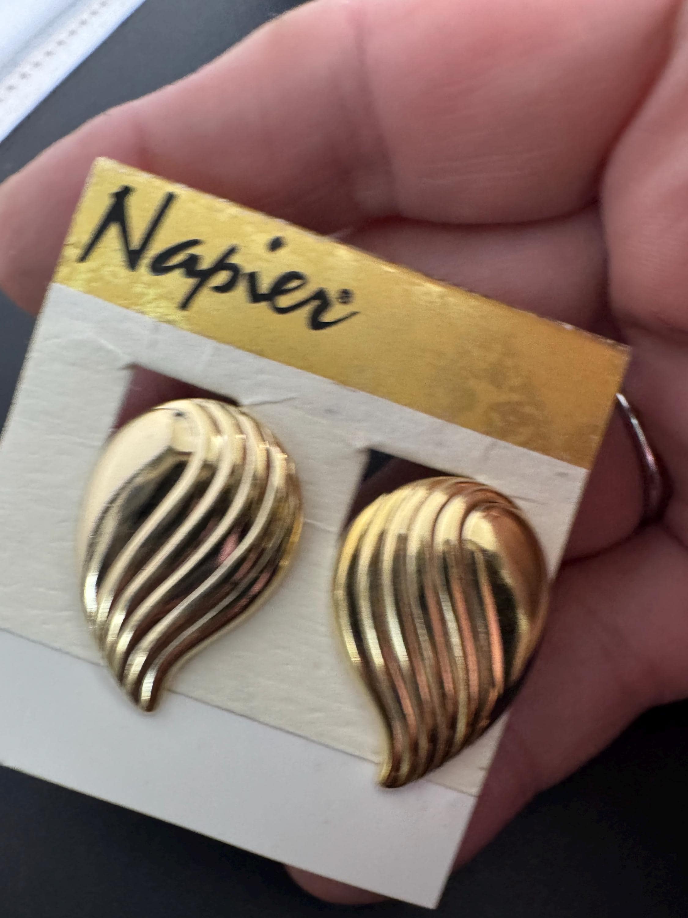 NAPIER teardrop clip on earrings, vintage signed 80s abstract swirls and gold plated, designer