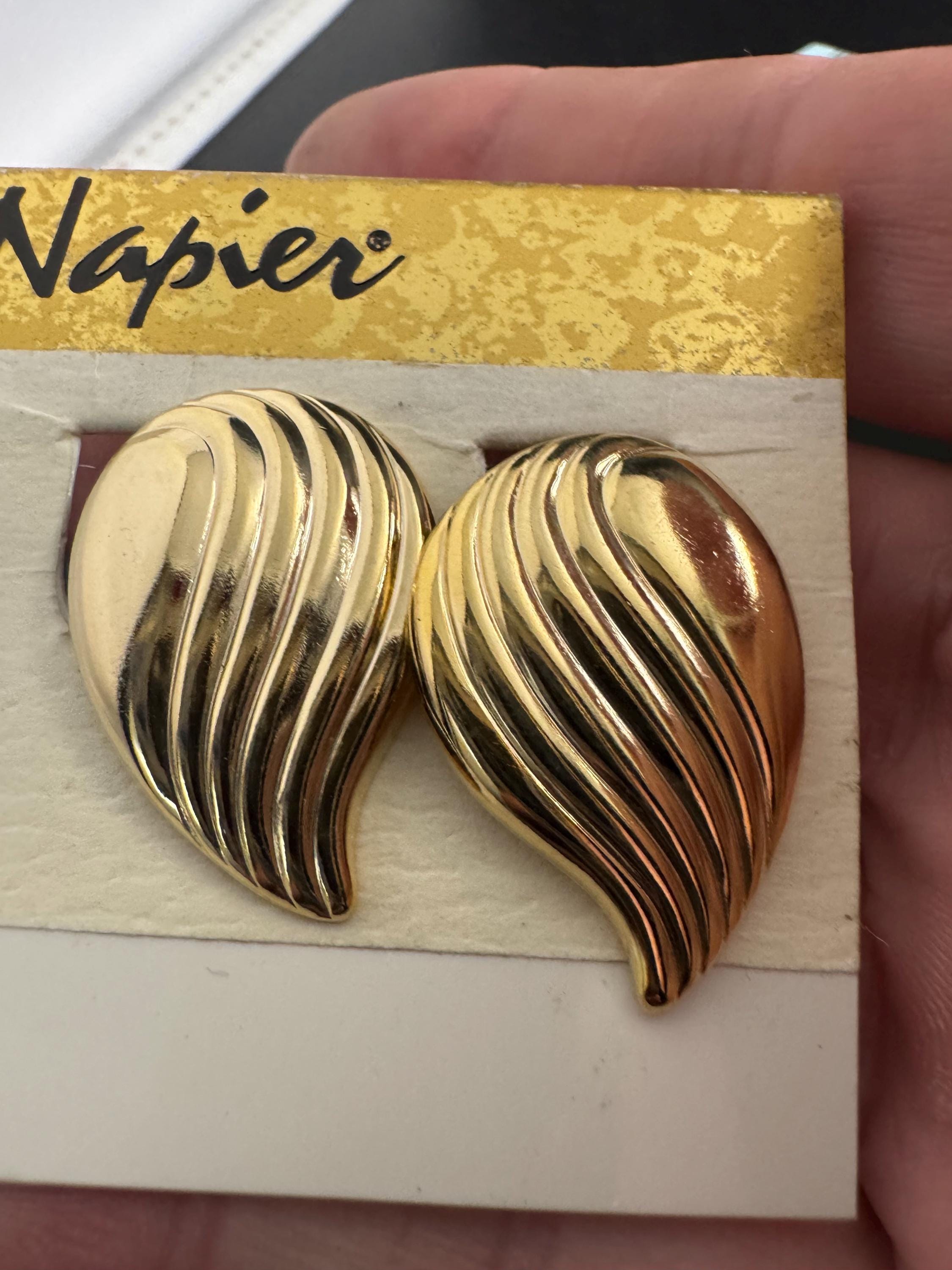 NAPIER teardrop clip on earrings, vintage signed 80s abstract swirls and gold plated, designer