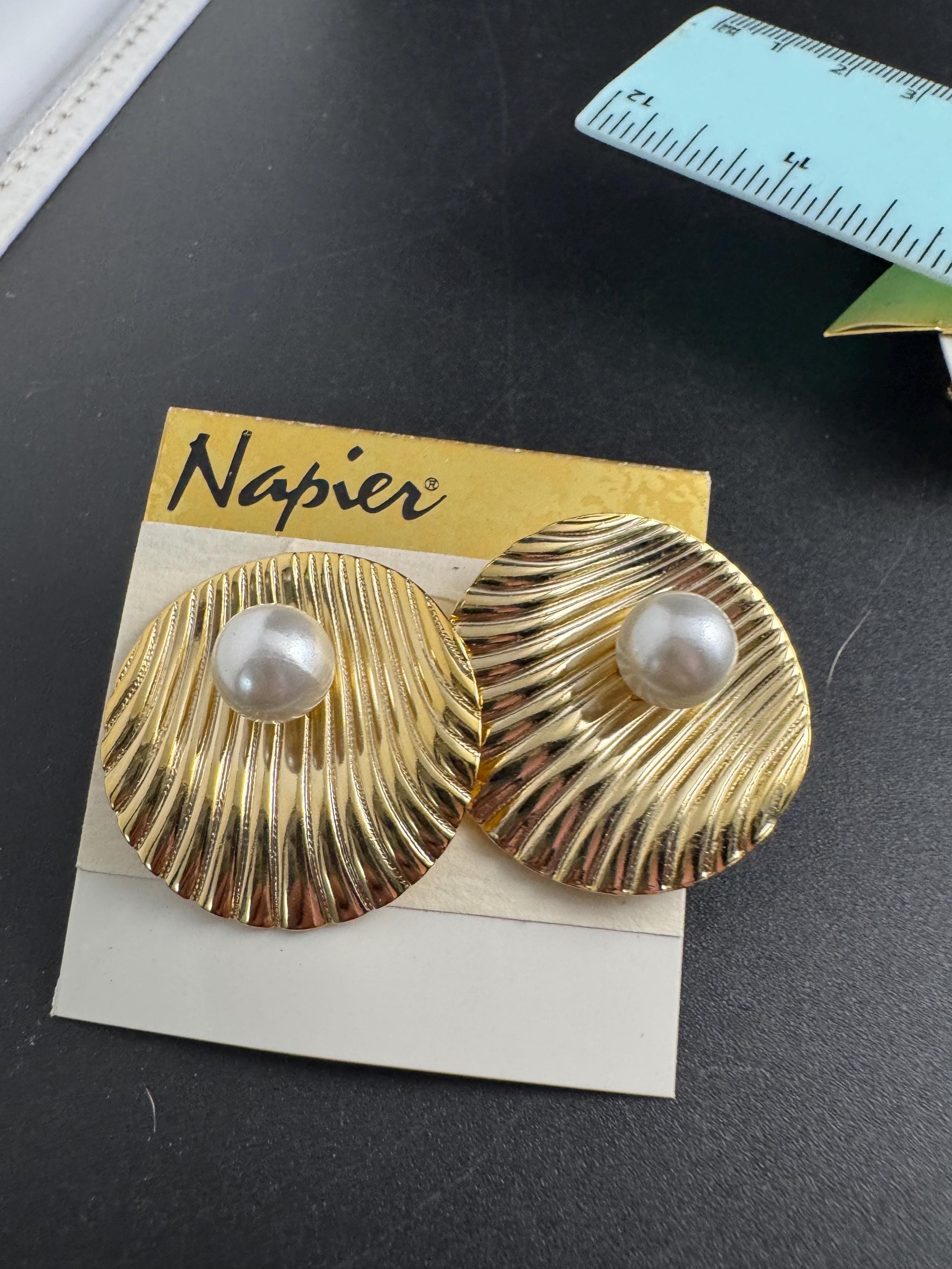 NAPIER pearl clip on earrings, vintage signed 80s seashell gold plated, designer summer jewellery