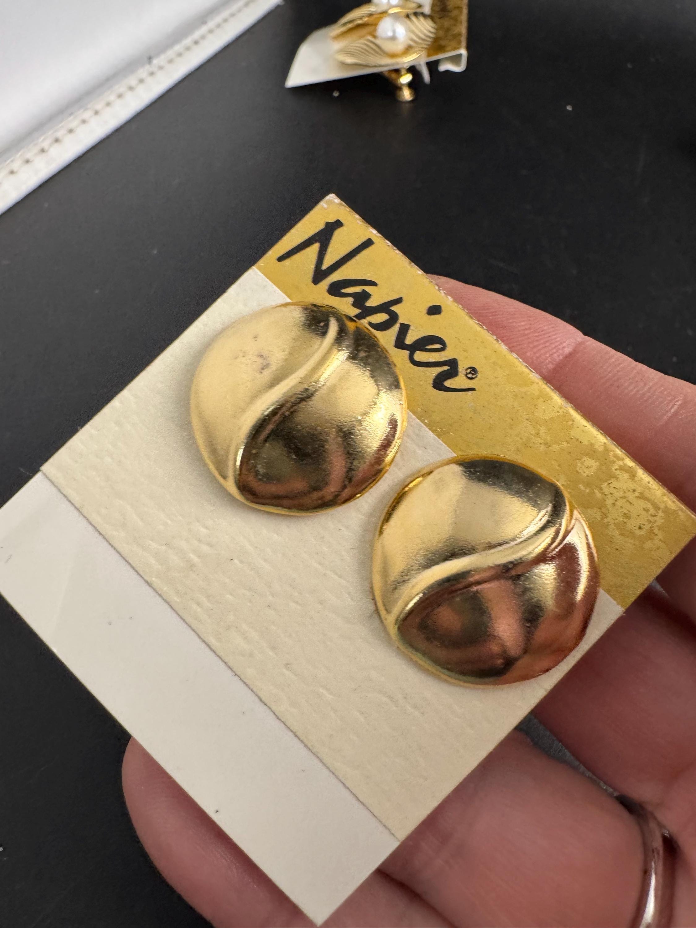 NAPIER round clip on earrings, vintage signed 80s two tone buttons gold plated