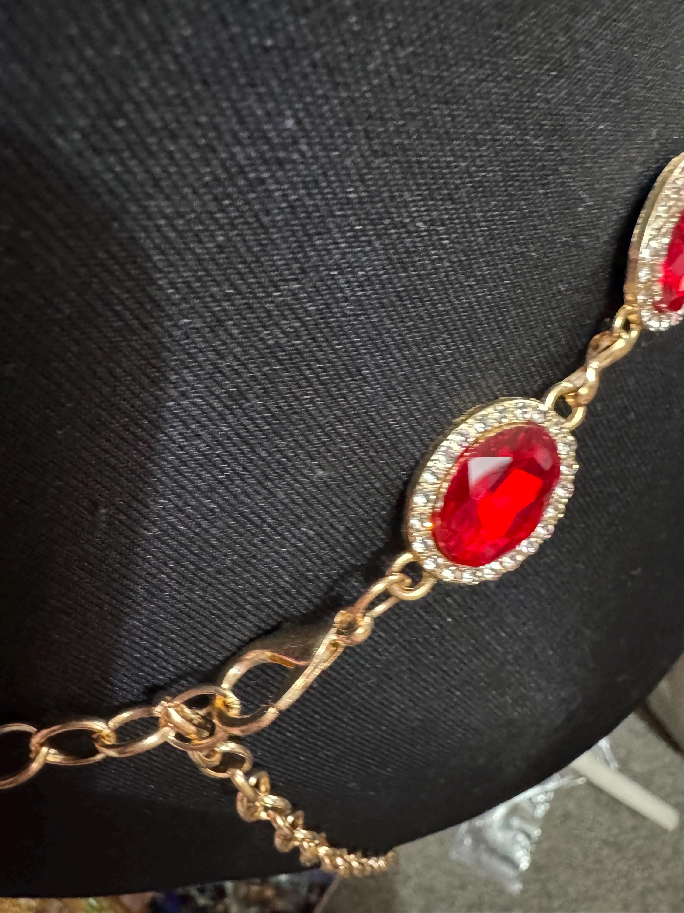 Ruby set Gold panel link chain belt, fits to 114 cm waist red rhinestone vintage fashion