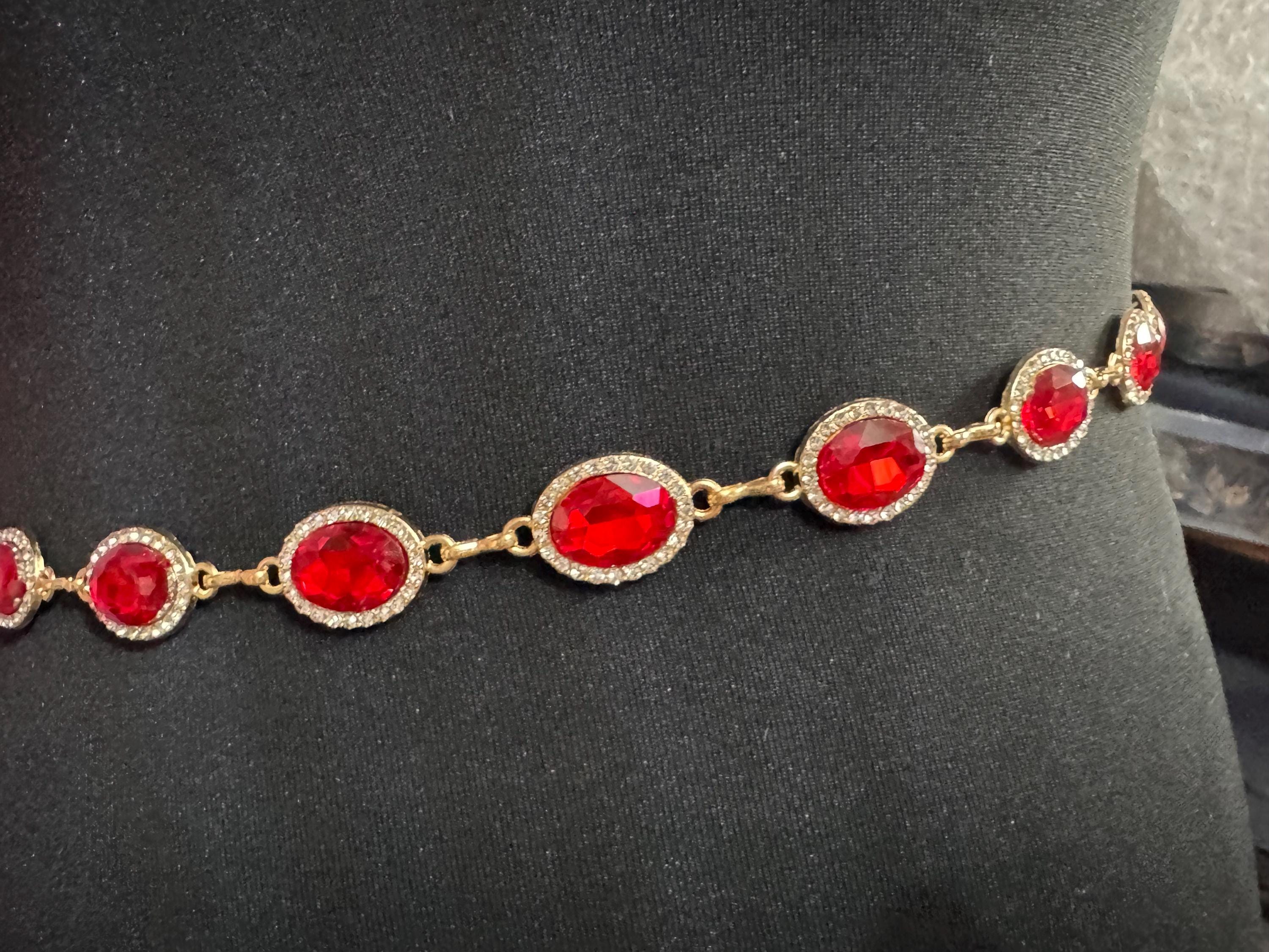 Ruby set Gold panel link chain belt, fits to 114 cm waist red rhinestone vintage fashion