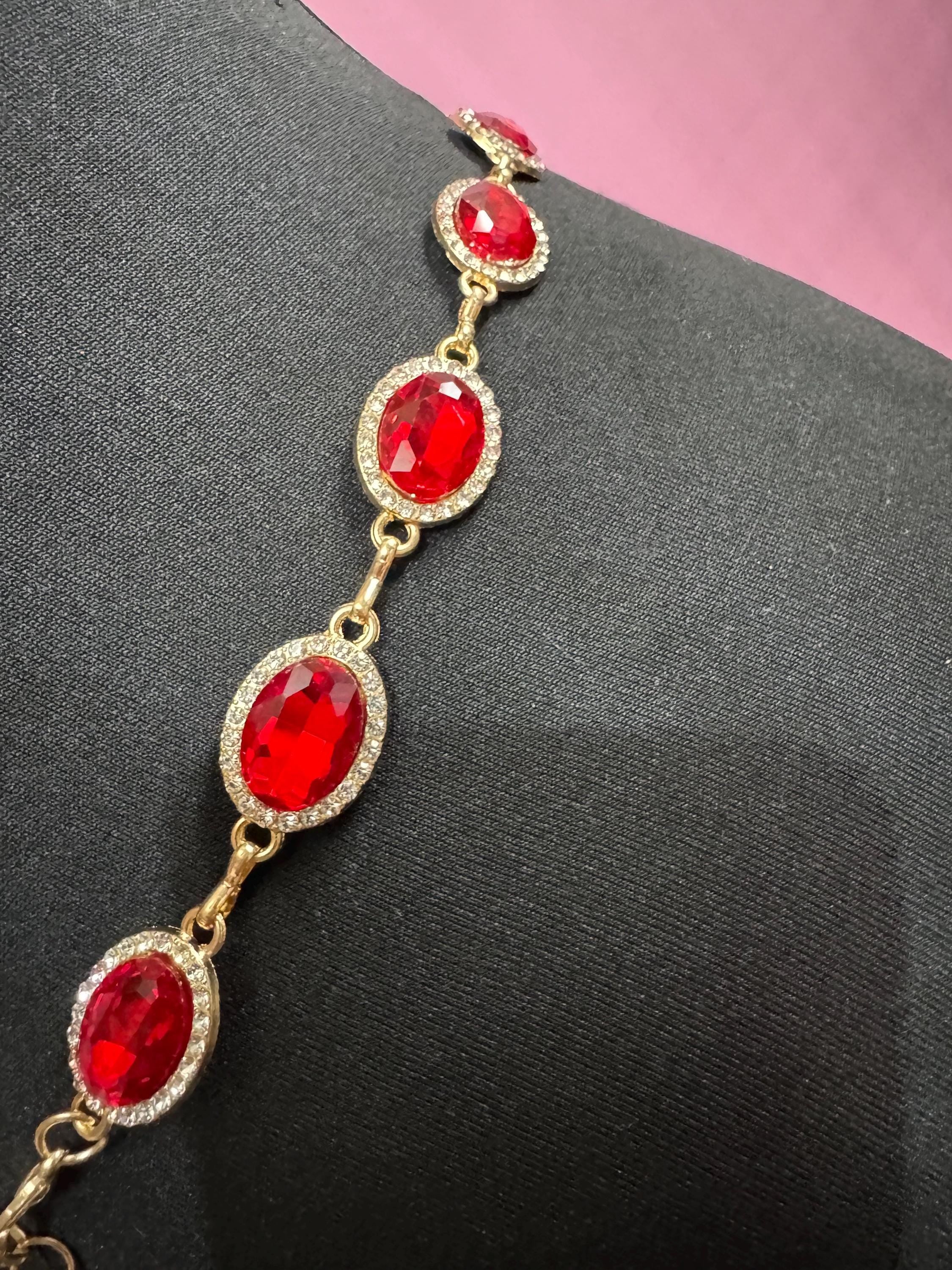 Ruby set Gold panel link chain belt, fits to 114 cm waist red rhinestone vintage fashion