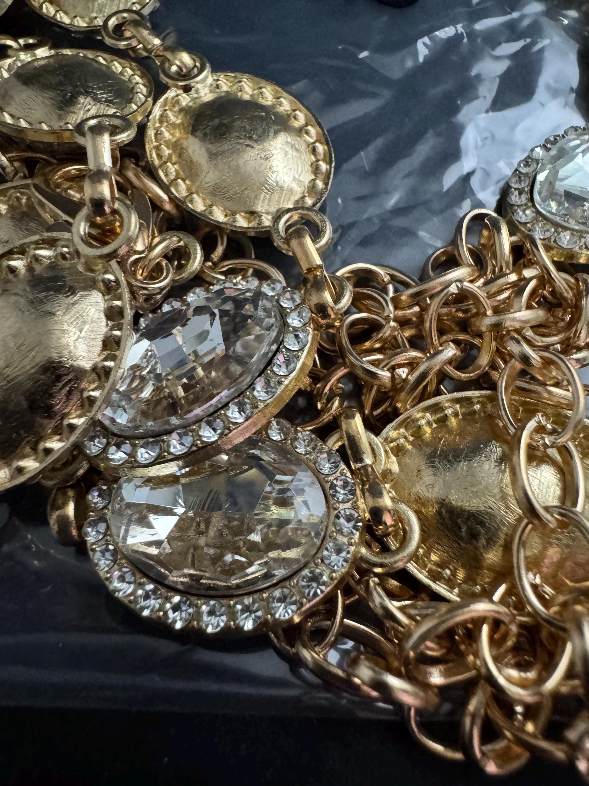 Diamante Gold panel link chain belt, fits to 114 cm waist clear rhinestone vintage fashion