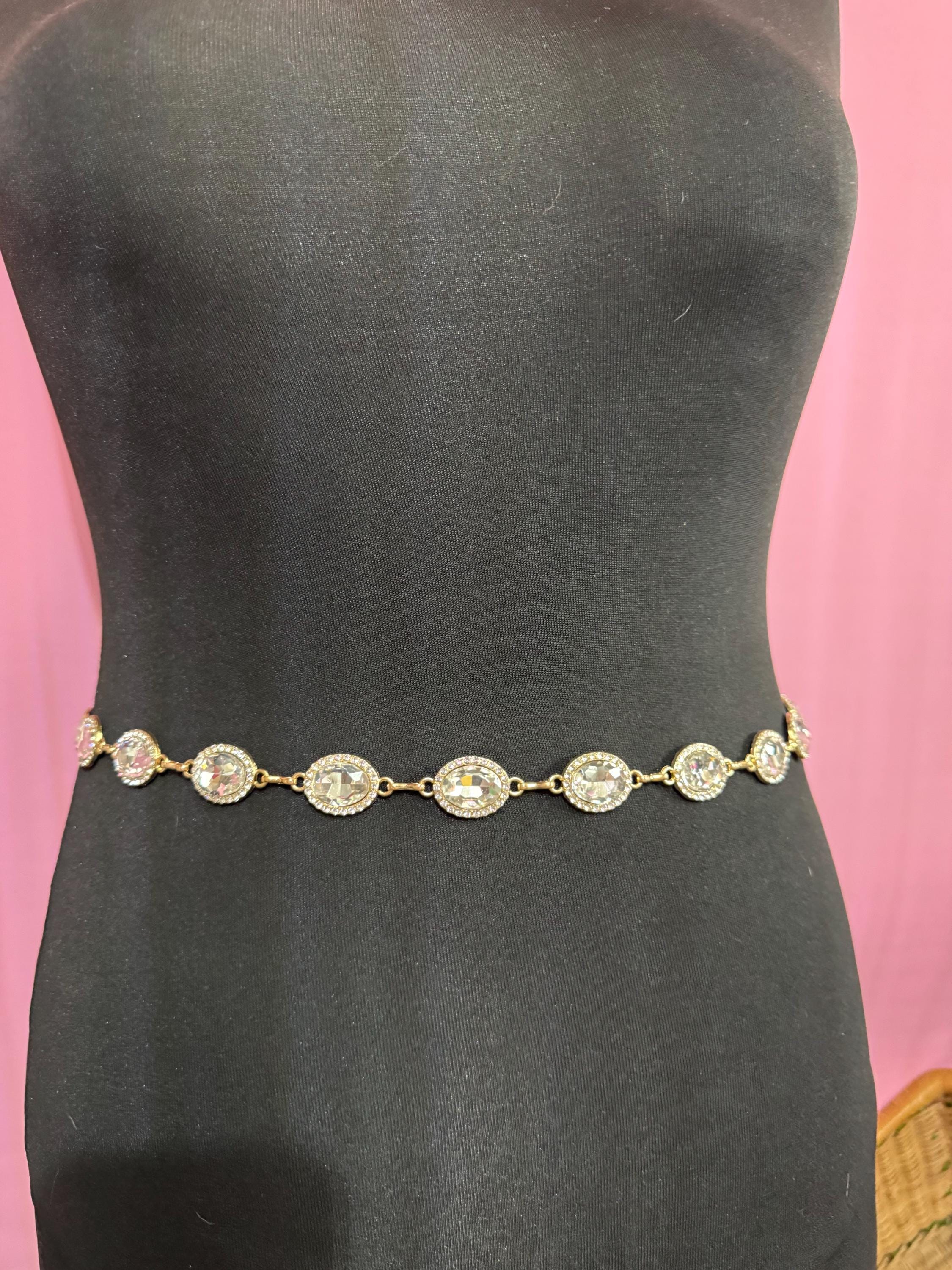 Diamante Gold panel link chain belt, fits to 114 cm waist clear rhinestone vintage fashion