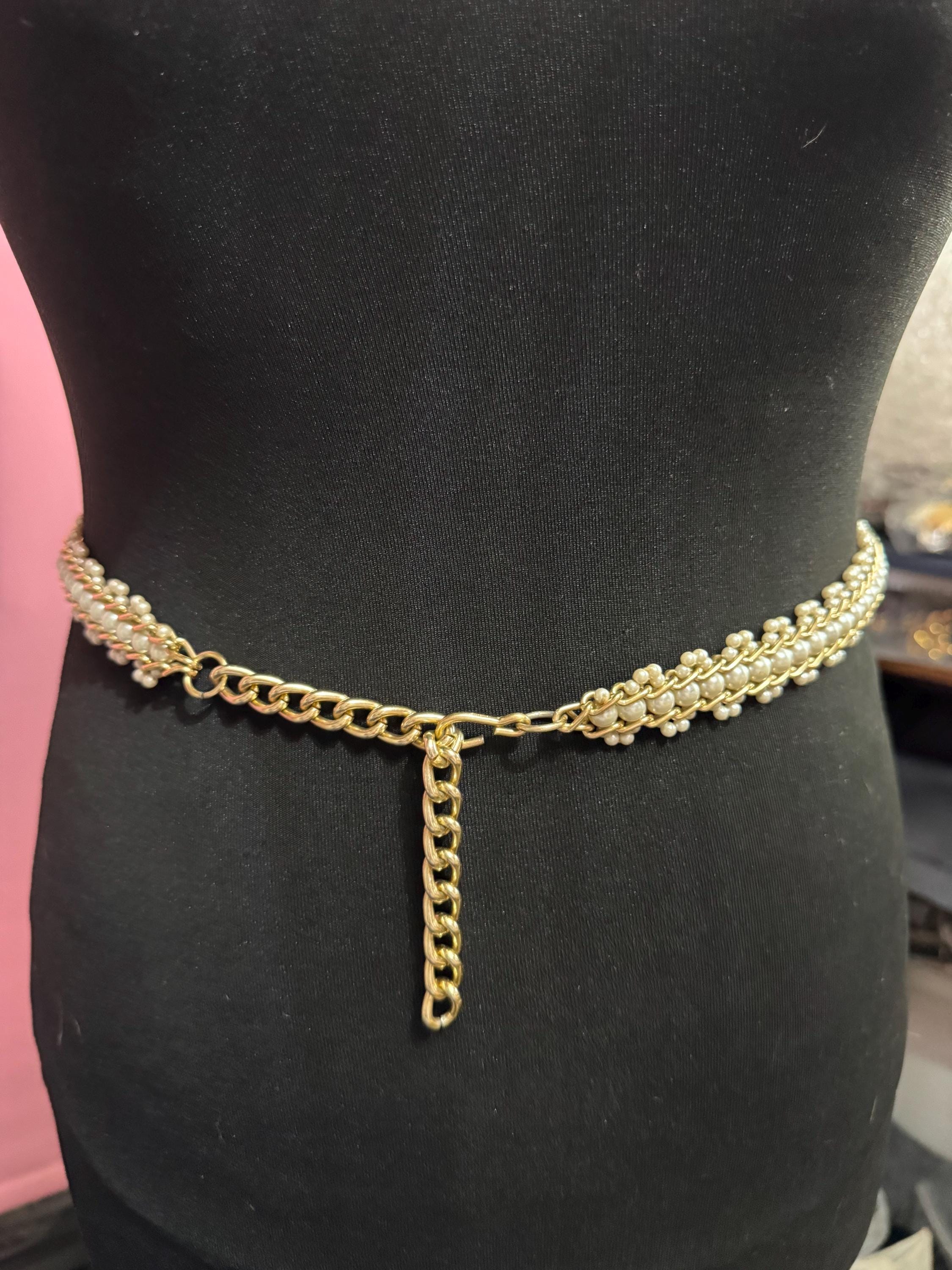 beaded Pearl chain belt, fits 77-91cm Vintage gold tone