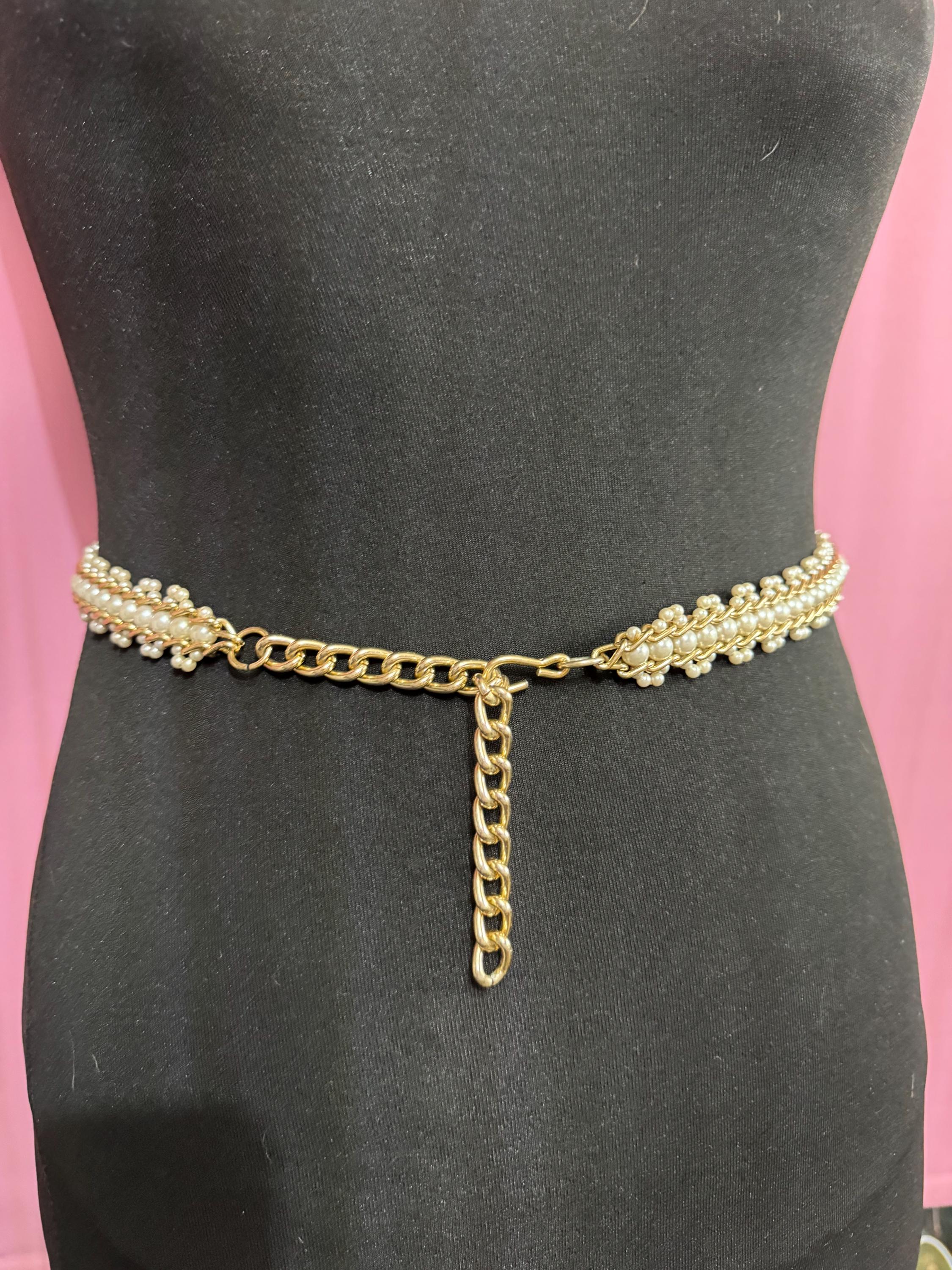 beaded Pearl chain belt, fits 77-91cm Vintage gold tone
