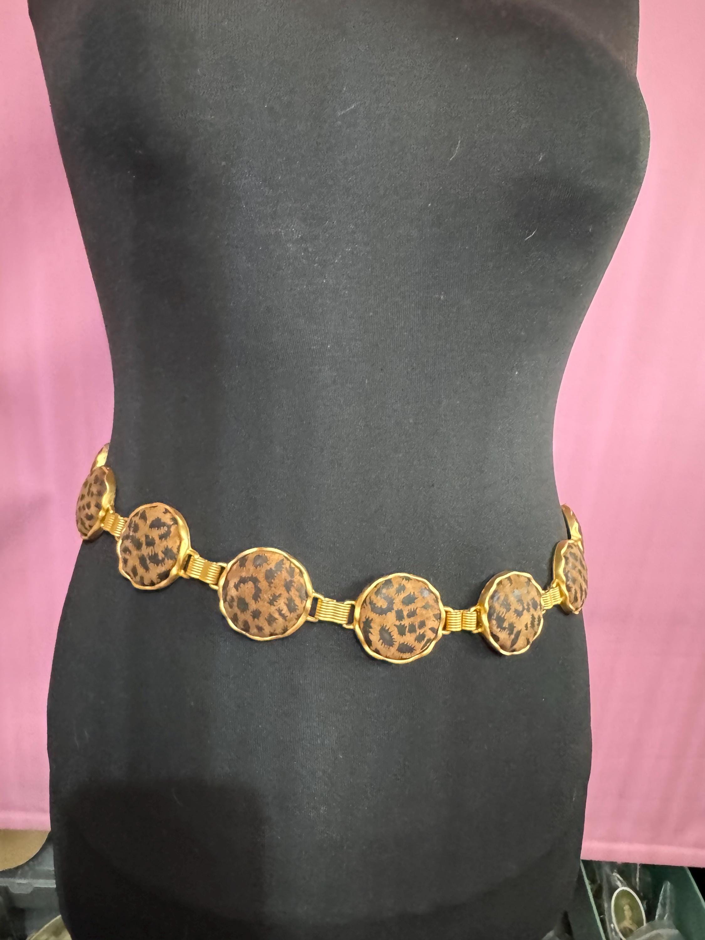 Matt gold animal print chain belt, fits 83 to 97cm chunky brown panel retro fashion