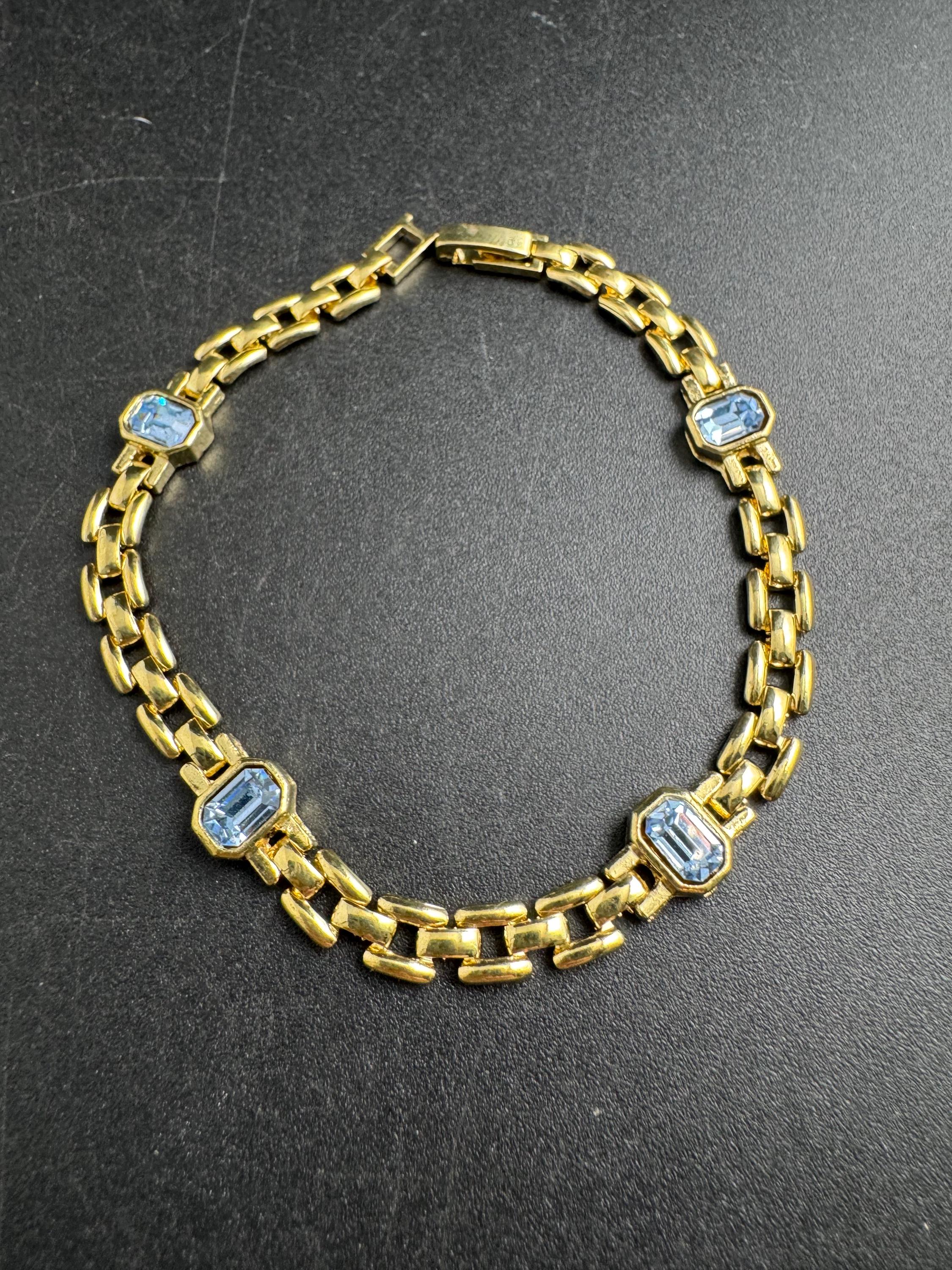 Slim Panther link rhinestone bracelet, light sapphire blue octagon Swarovski crystals gold plated