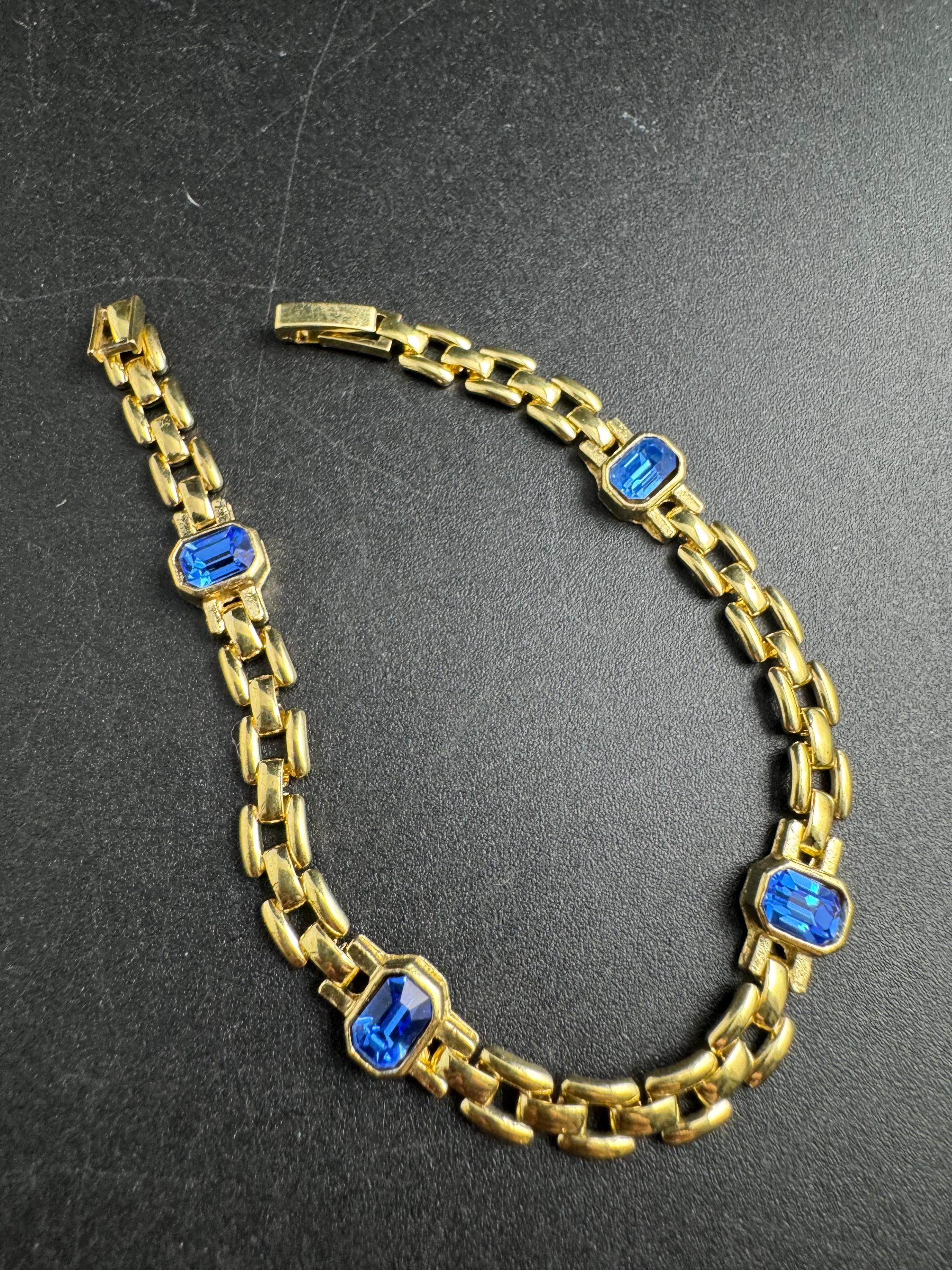 Slim Panther link rhinestone bracelet, sapphire blue octagon Swarovski crystals gold plated