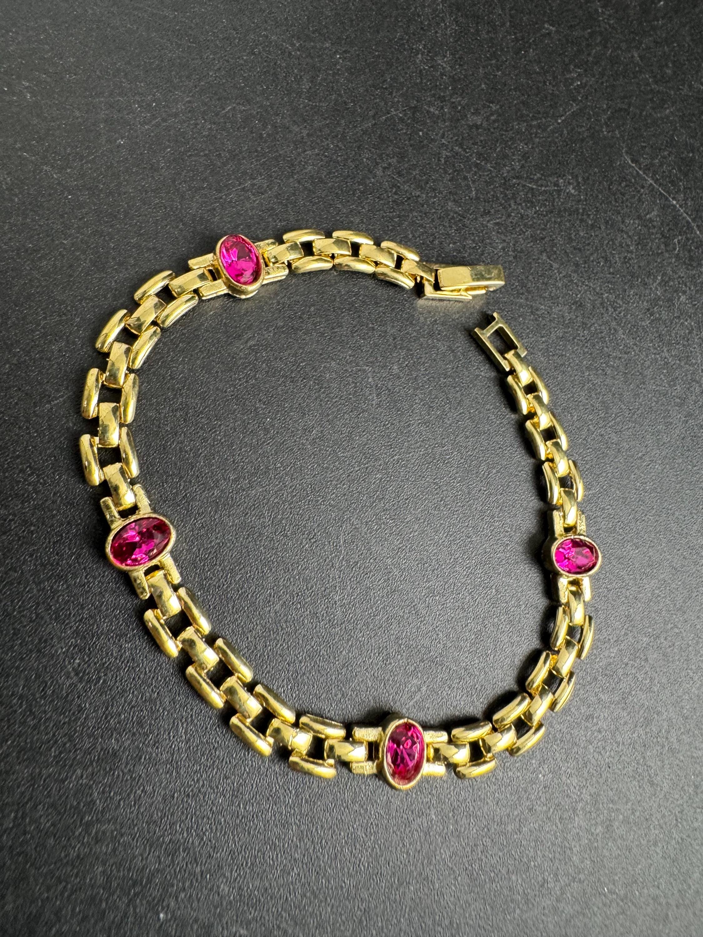 Slim Panther link rhinestone bracelet, bright pink oval cabochon crystals gold plated