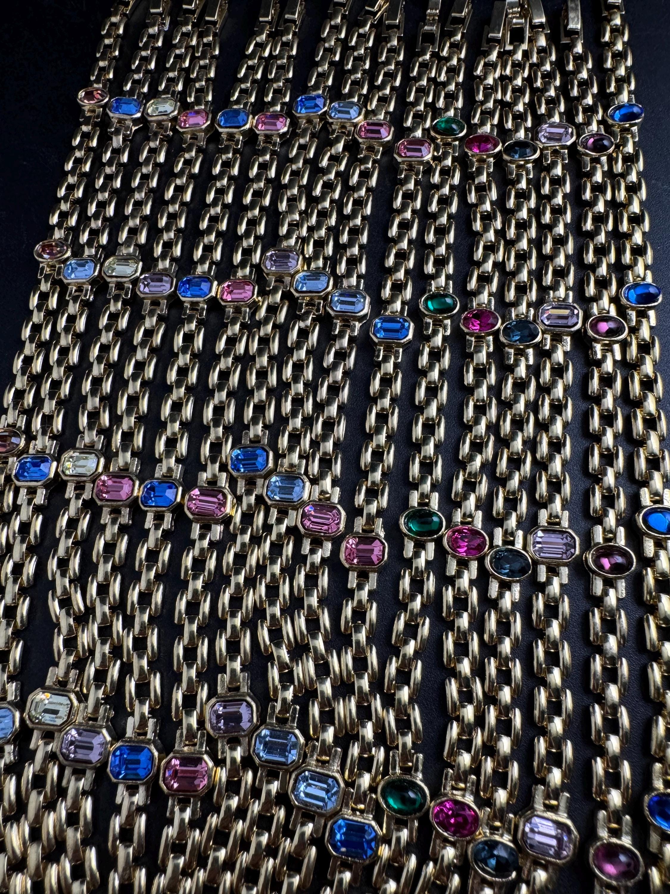 Slim Panther link rhinestone bracelet, bright pink oval cabochon crystals gold plated