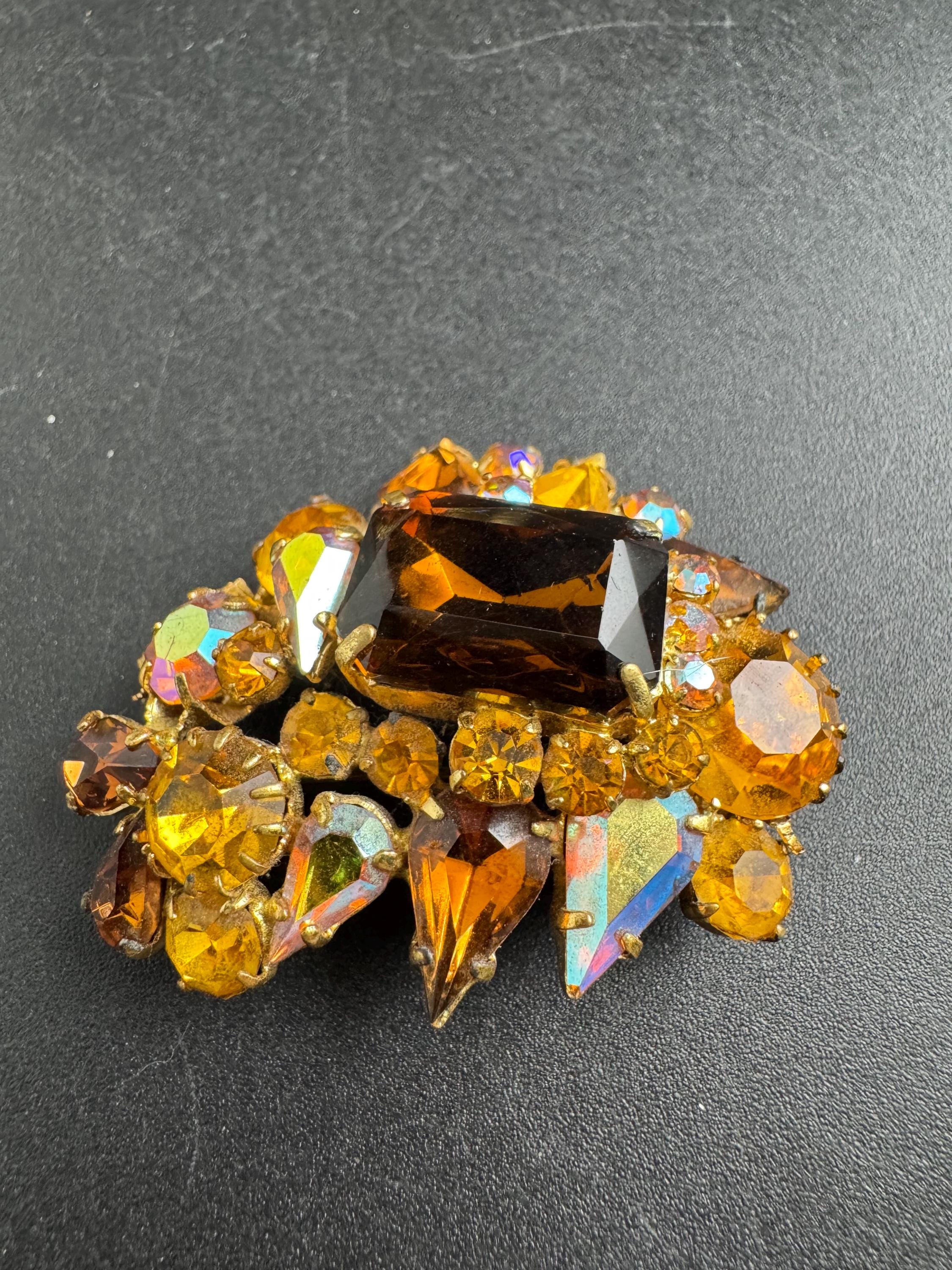 Juliana brown rhinestone brooch, ab and orange stones , double prong back