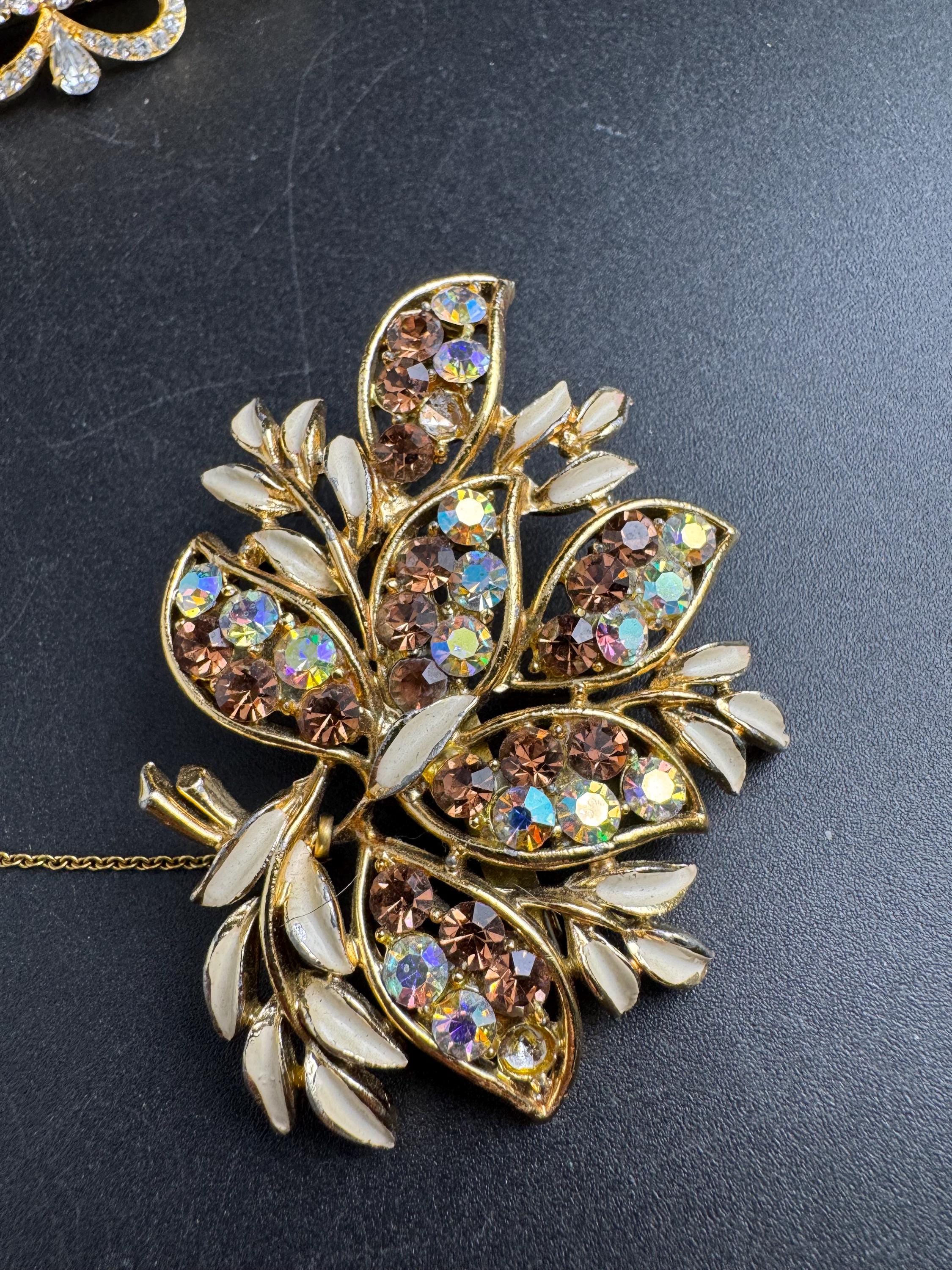 Cream AB rhinestone floral brooch, vintage floral enamel design